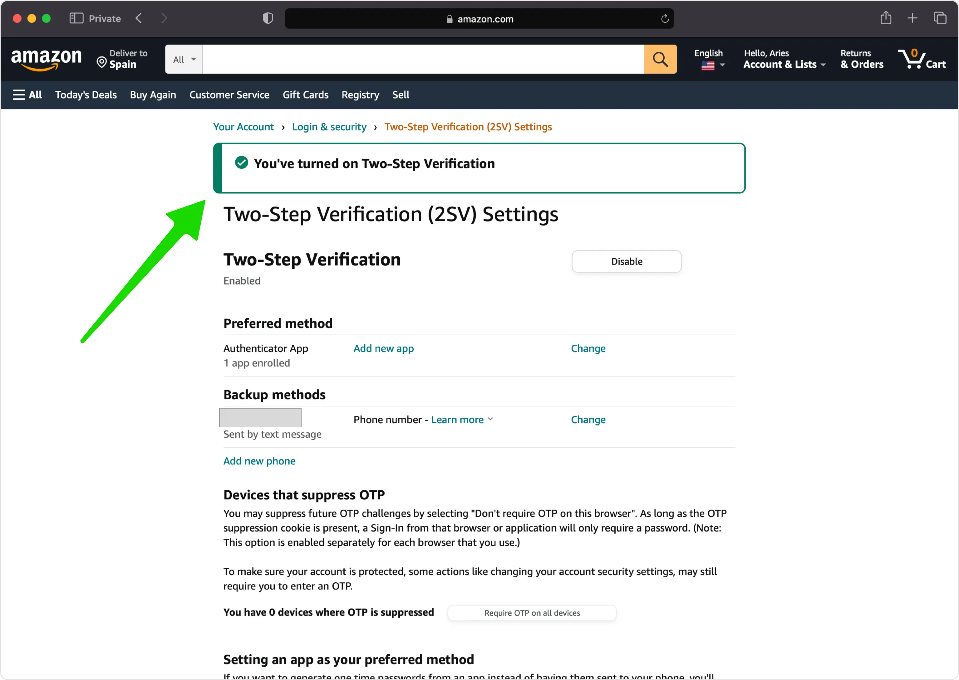 Amazon two-step verification settings page displaying a confirmation message ‘You’ve turned on Two-Step Verification,’ indicating that two-factor authentication is successfully enabled, with options to manage authentication and backup methods.