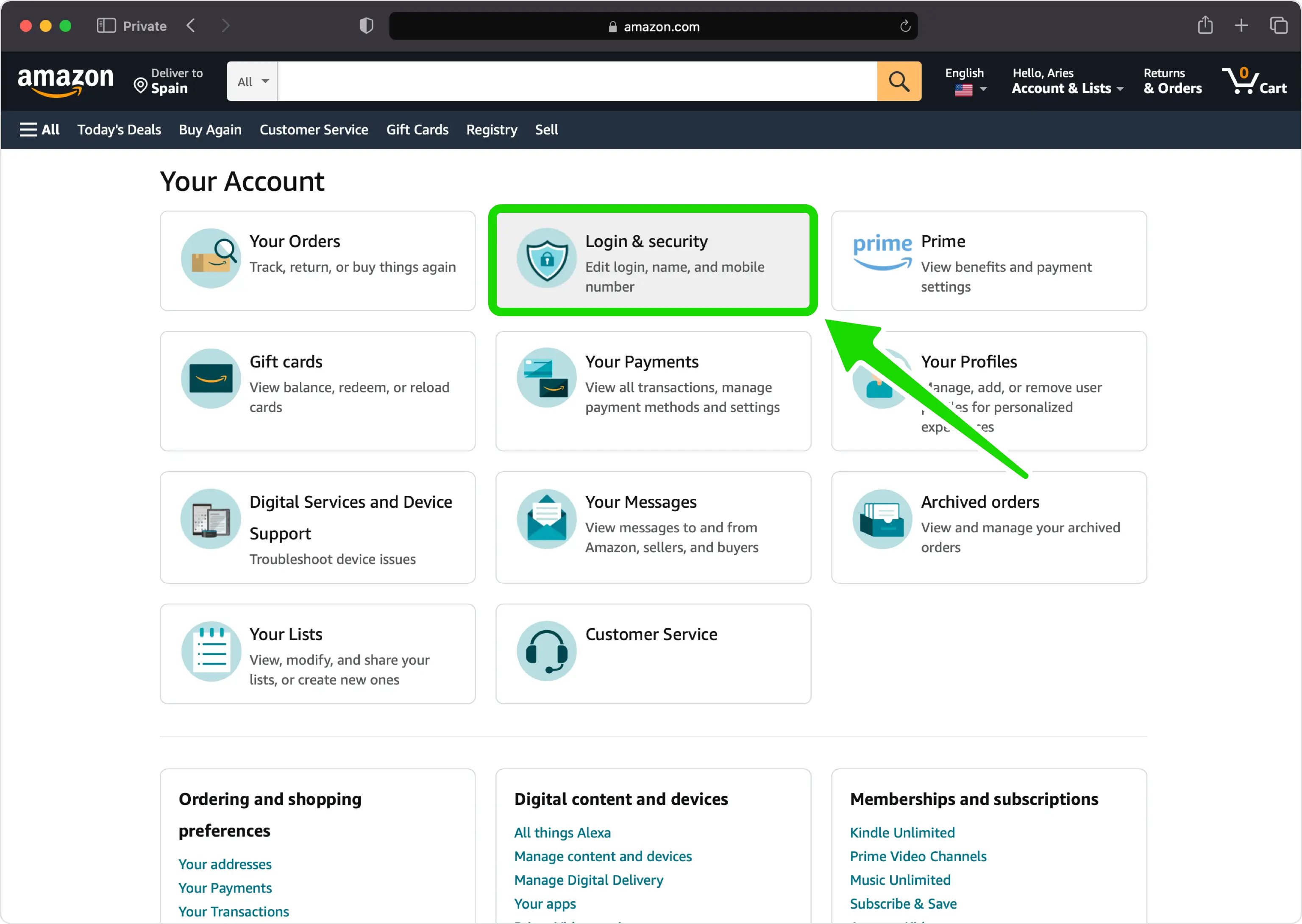 Amazon account settings page – user navigating to ‘Login & Security’ under account management options to access settings for login credentials and security.