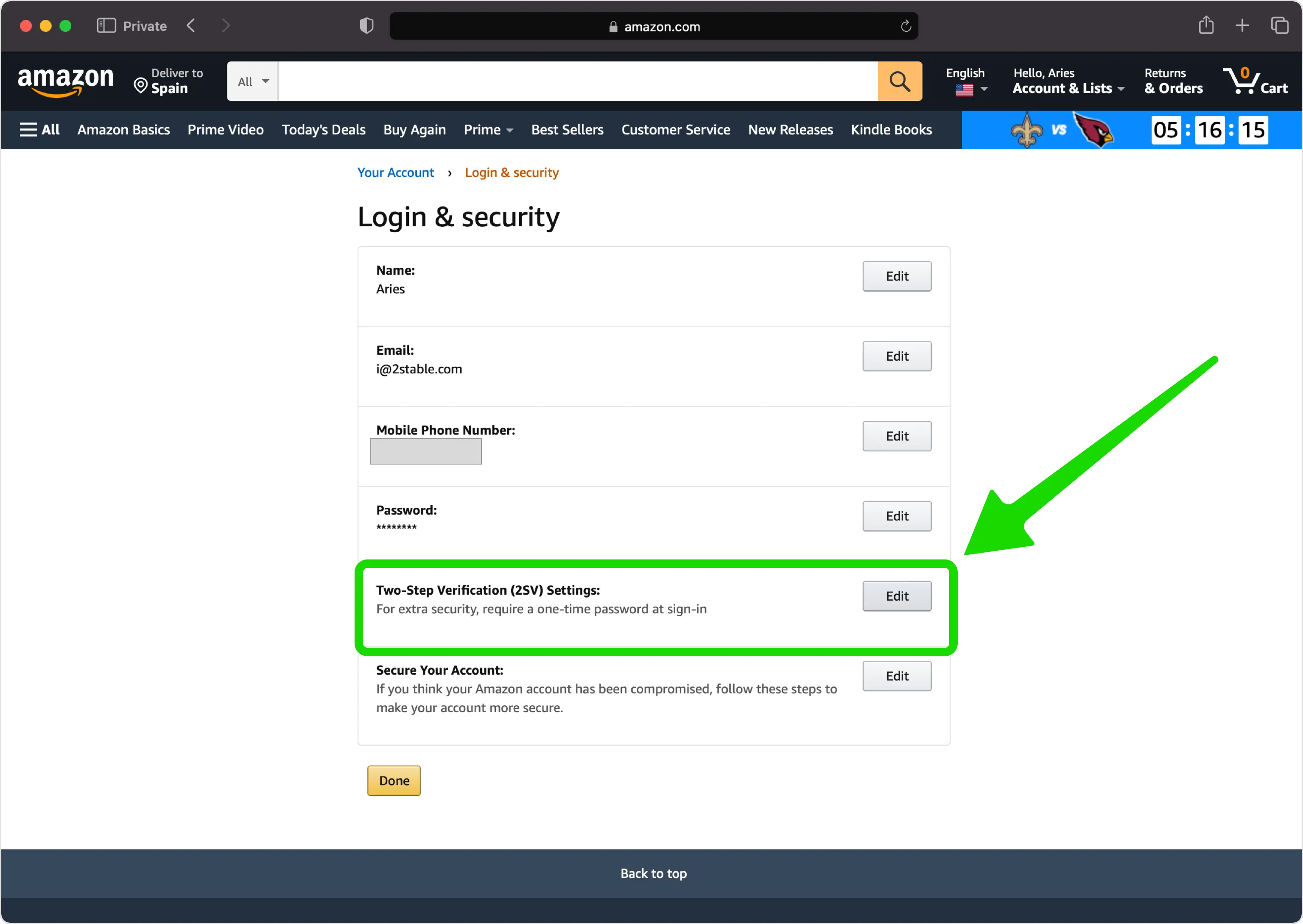 Amazon login and security settings page with an arrow pointing to the ‘Two-Step Verification (2SV) Settings’ section for enhancing account security with two-factor authentication.