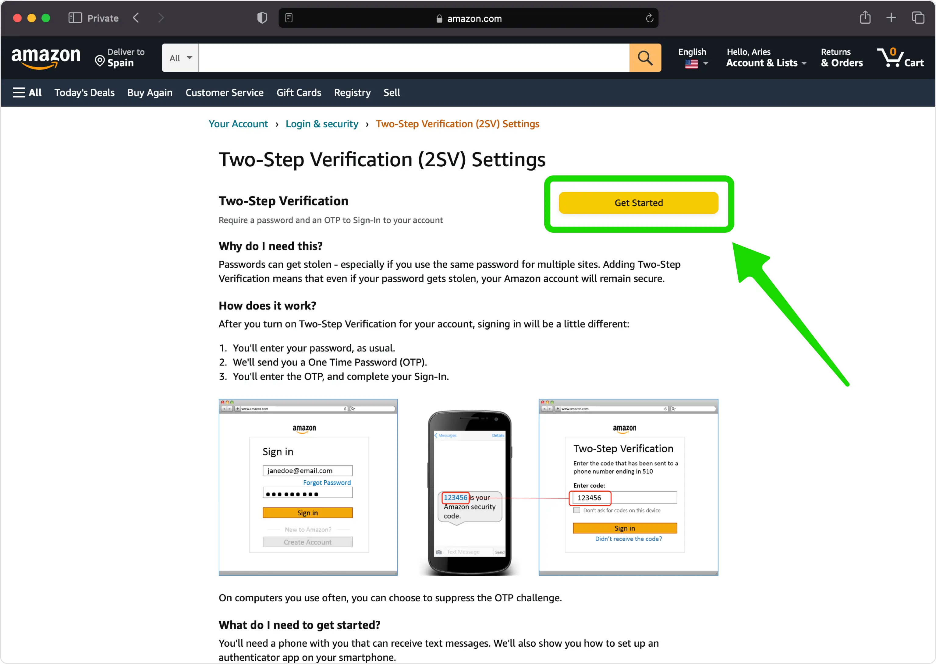 Amazon Two-Step Verification (2SV) settings page with an arrow pointing to the ‘Get Started’ button, highlighting the steps to enable two-factor authentication for securing an Amazon account.