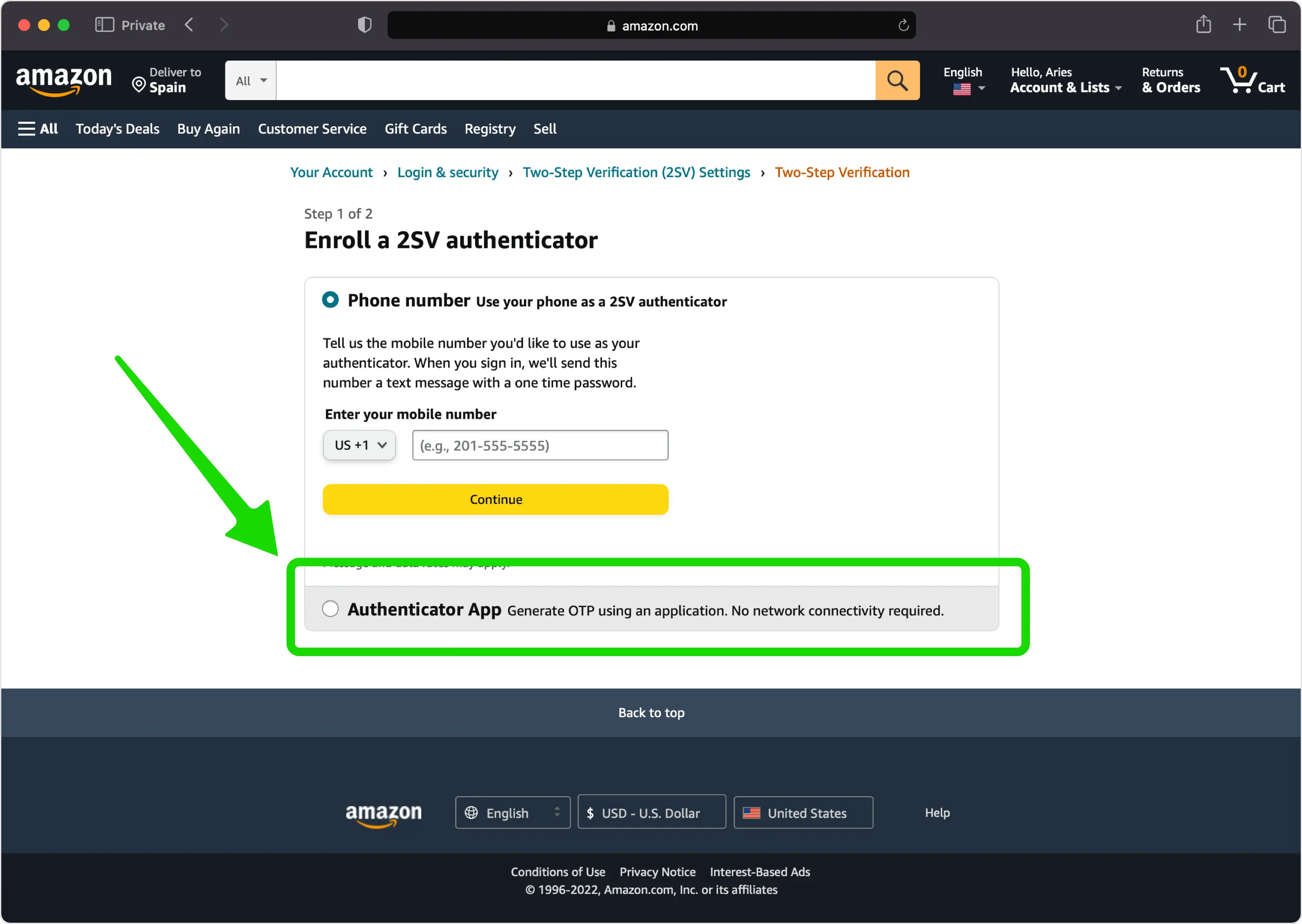 Amazon Two-Step Verification (2SV) enrollment page with options to choose between phone number or authenticator app, showing a highlighted selection for ‘Authenticator App’ to generate OTPs for account security.