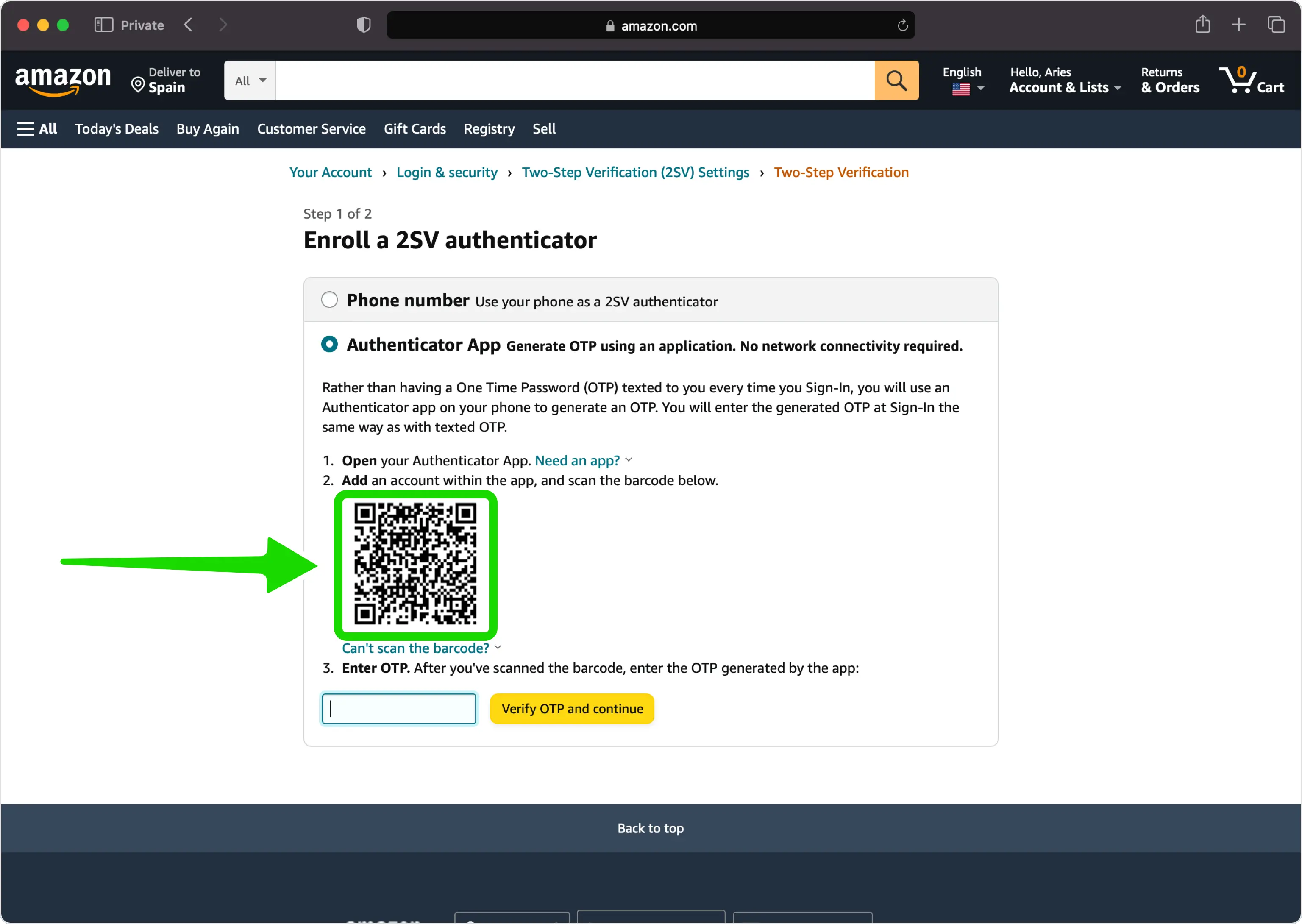 Amazon Two-Step Verification setup page displaying a QR code for configuring 2FA with an authenticator app, with an option to verify the OTP after scanning.