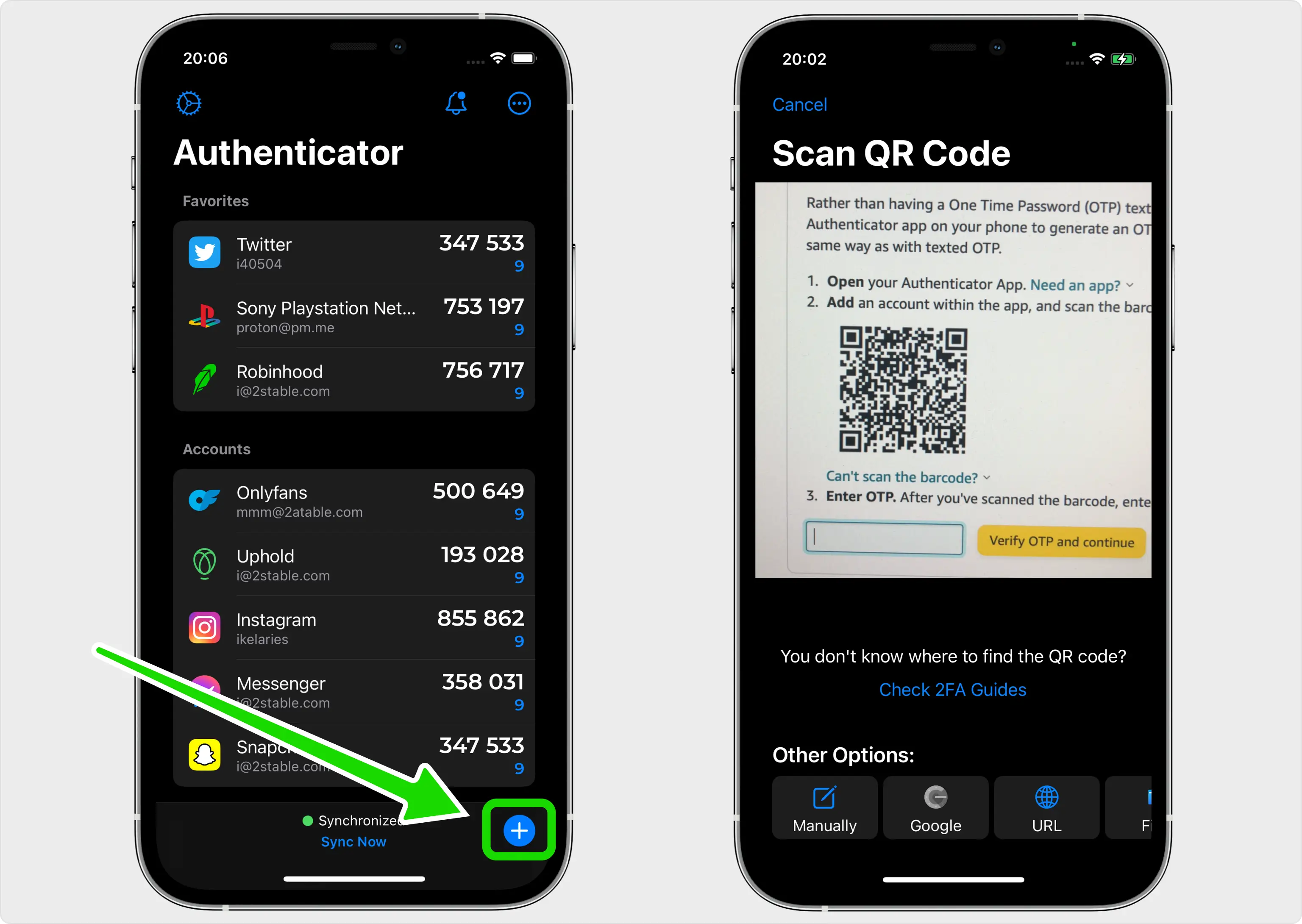 Authenticator app on iPhone displaying a list of accounts and the process of scanning a QR code from Amazon’s Two-Step Verification setup to add a new account for 2FA.