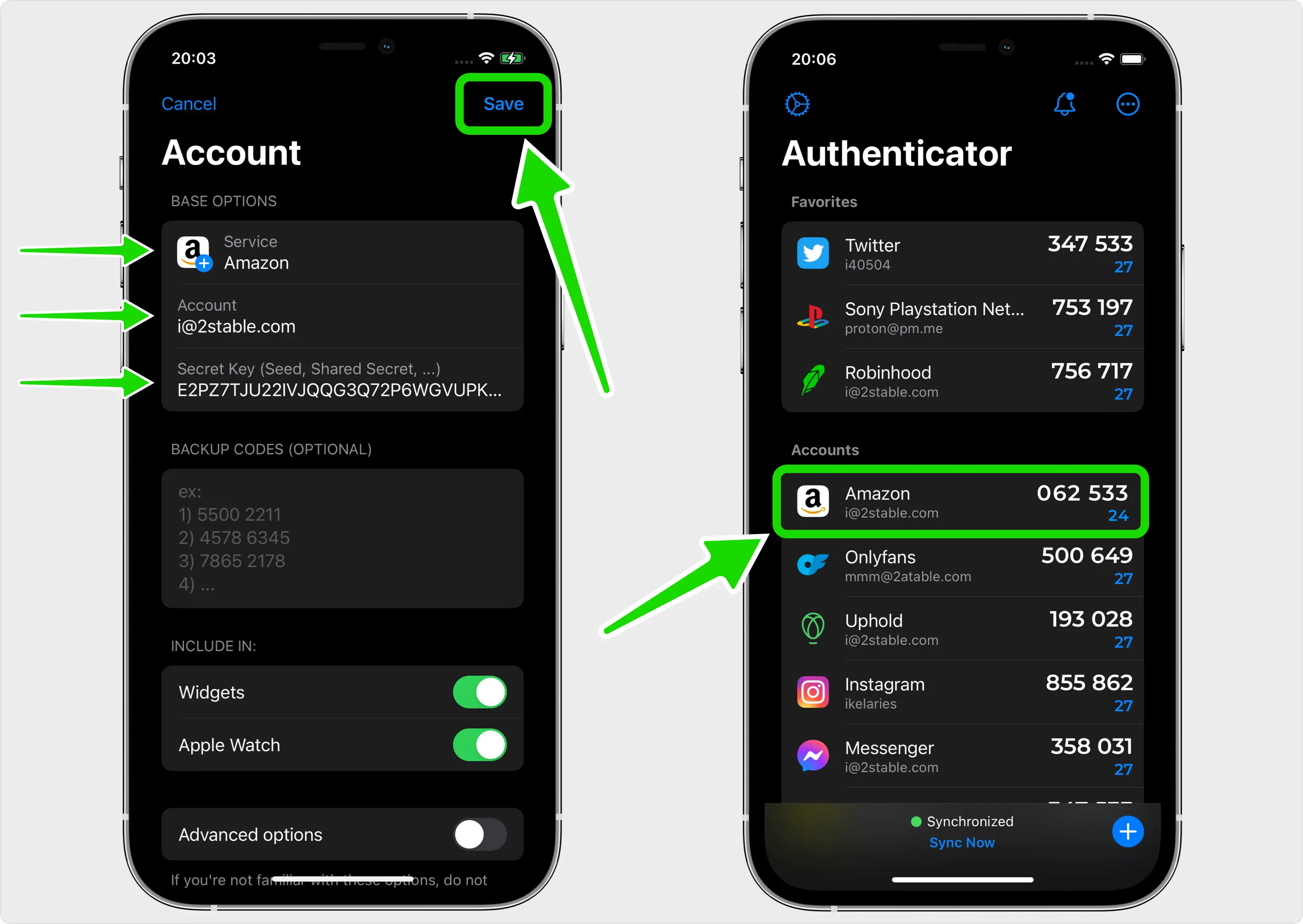 Authenticator app on iPhone displaying newly added Amazon account with verification code for two-step verification, alongside account details being saved on the authenticator app.