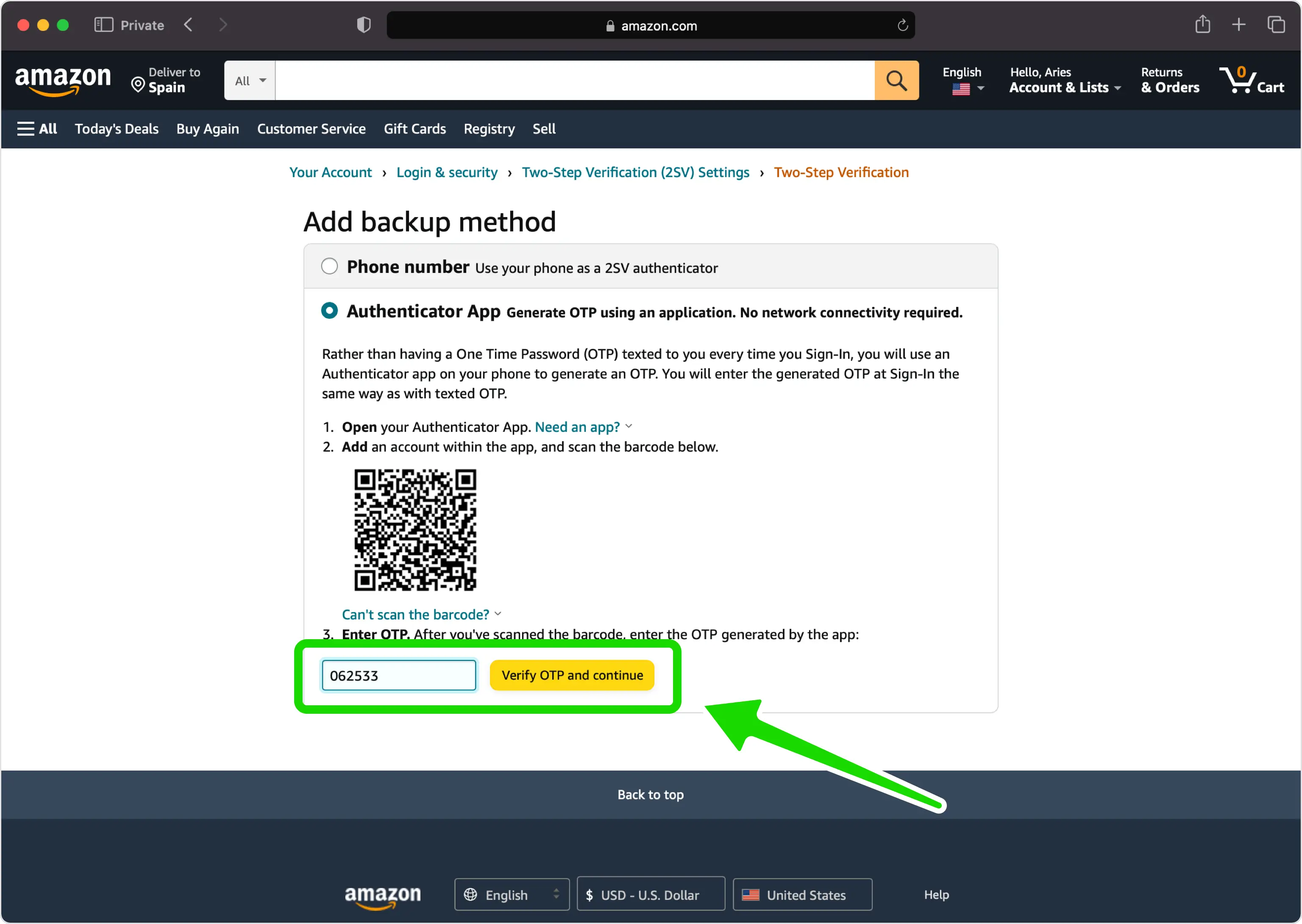 Amazon two-step verification setup page displaying an entered OTP code generated by an authenticator app, with a ‘Verify OTP and continue’ button highlighted to complete the authentication process.