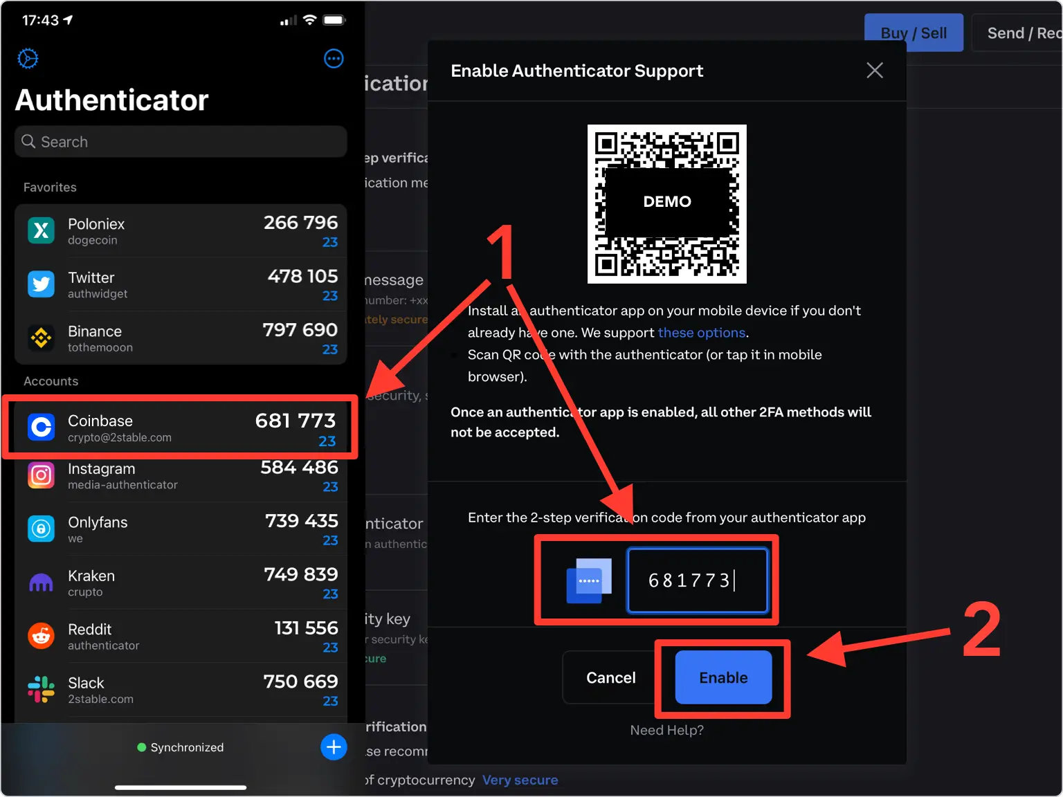 how to add coinbase to authenticator