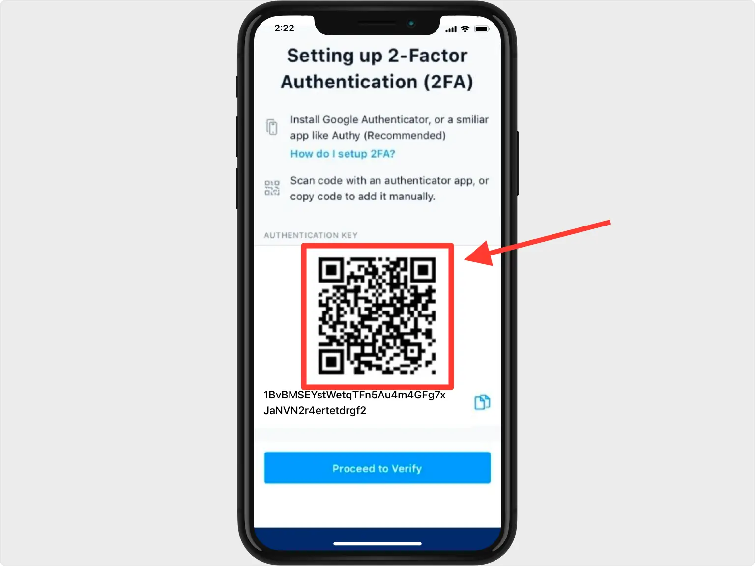 Screenshot from the crypto.com app on an iPhone showing the 2-Factor Authentication (2FA) setup screen. A red arrow points to a QR code that can be scanned with an authenticator app like Google Authenticator or Authy to enable 2FA. The screen also displays the authentication key below the QR code, with a 'Proceed to Verify' button at the bottom.