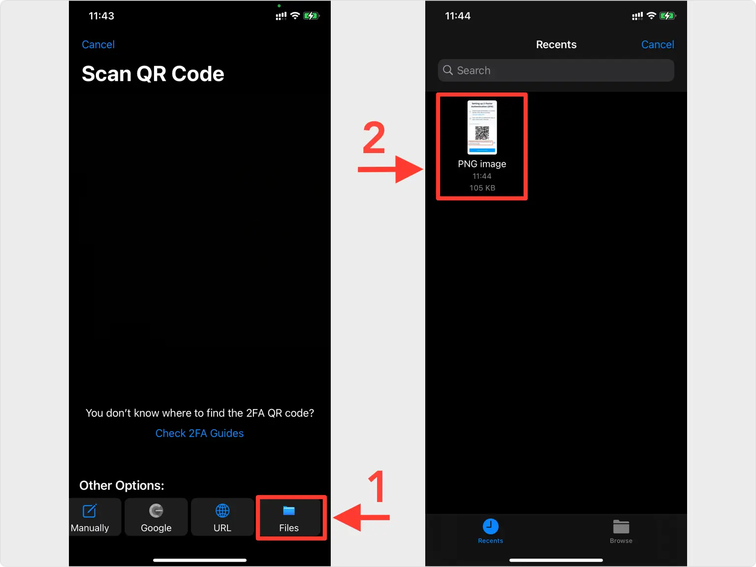 Two-step process shown on an iPhone for adding a QR code from crypto.com to an authenticator app. Step 1: A red box highlights the 'Files' option at the bottom of the screen to manually select a QR code file. Step 2: A red box highlights the selected PNG image file containing the QR code, ready to be used for 2FA setup in the authenticator app. 