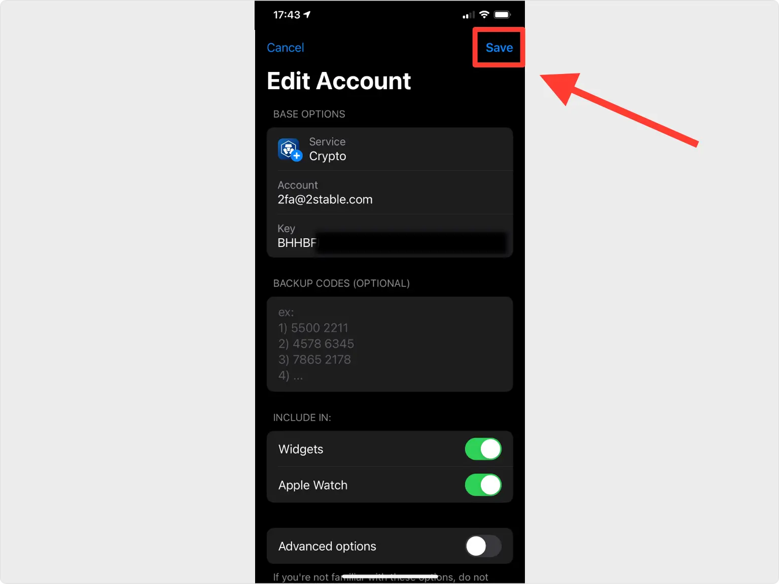 Screenshot from an authenticator app on an iPhone showing the ‘Edit Account’ screen with crypto.com as the selected service. The account information is filled in, and a red arrow points to the ‘Save’ button in the top-right corner to confirm the setup of 2-Factor Authentication (2FA) for the crypto.com account.