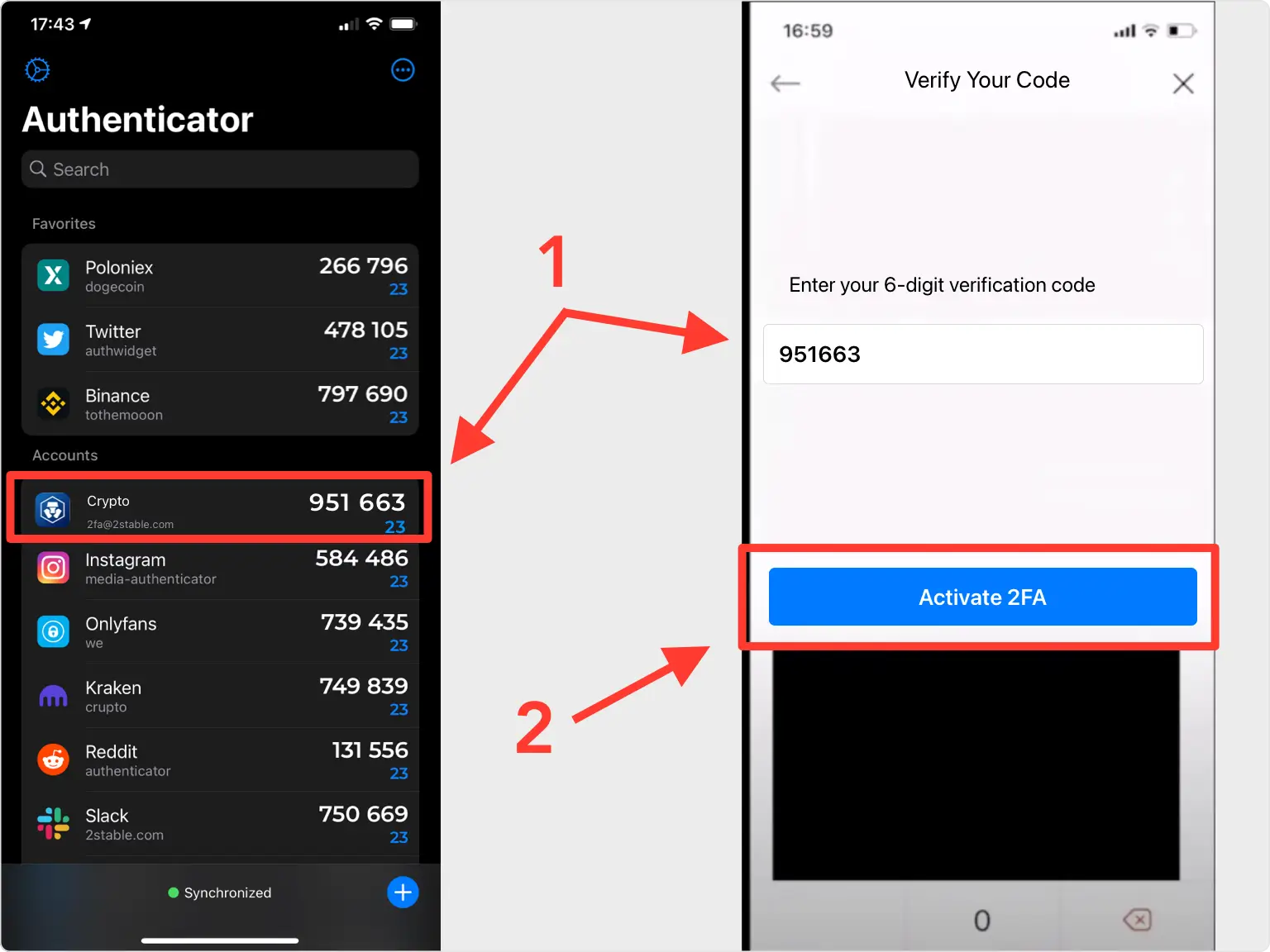 Two-step process on an iPhone for verifying 2-Factor Authentication (2FA) for a crypto.com account. Step 1: The authenticator app shows a 6-digit code for the crypto.com account, highlighted with a red box. Step 2: The code is entered in the ‘Verify Your Code’ screen on the crypto.com app, and a red box highlights the ‘Activate 2FA’ button to complete the 2FA setup.