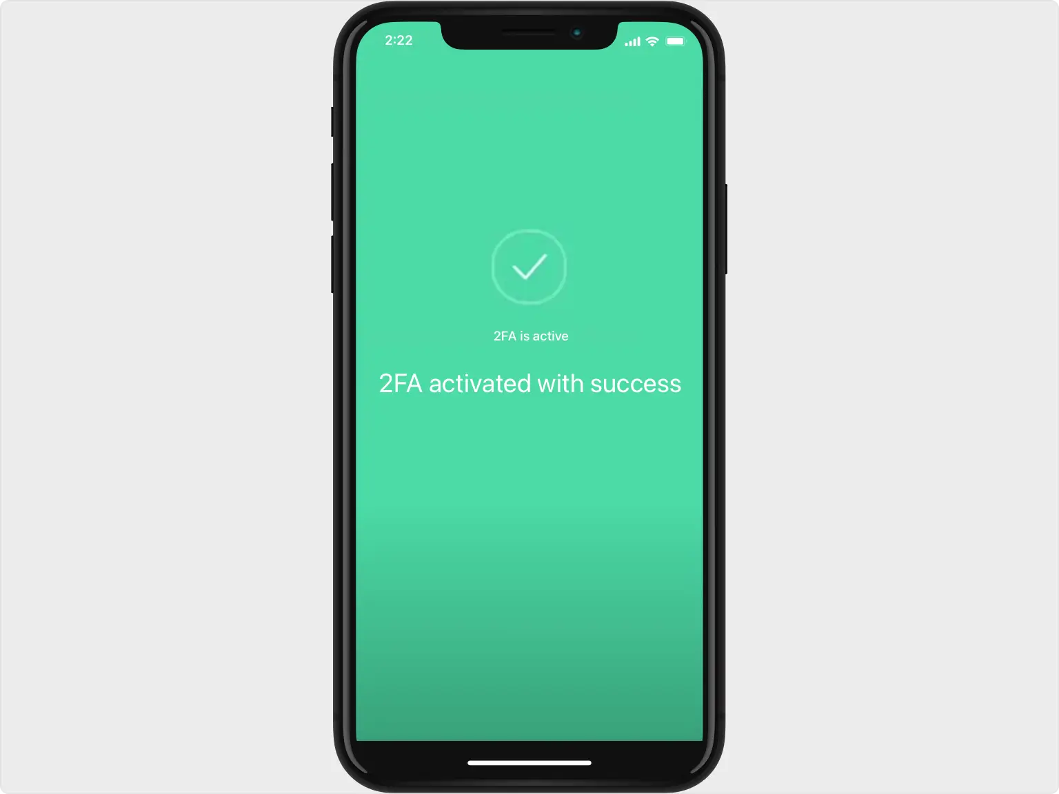 Confirmation screen from the crypto.com app on an iPhone displaying a green background with a checkmark and the message ‘2FA activated with success,’ indicating that Two-Factor Authentication (2FA) has been successfully enabled for the account.