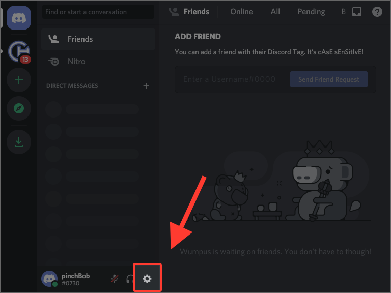 Discord app interface showing the user settings icon, highlighted with a red box and arrow in the bottom-left corner of the screen. This icon allows users to access the settings menu to enable Two-Factor Authentication (2FA).