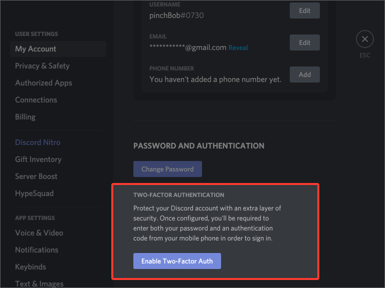 Discord account settings page showing the ‘Password and Authentication’ section. A red box highlights the ‘Enable Two-Factor Auth’ button, which allows users to add an extra layer of security by enabling Two-Factor Authentication (2FA).