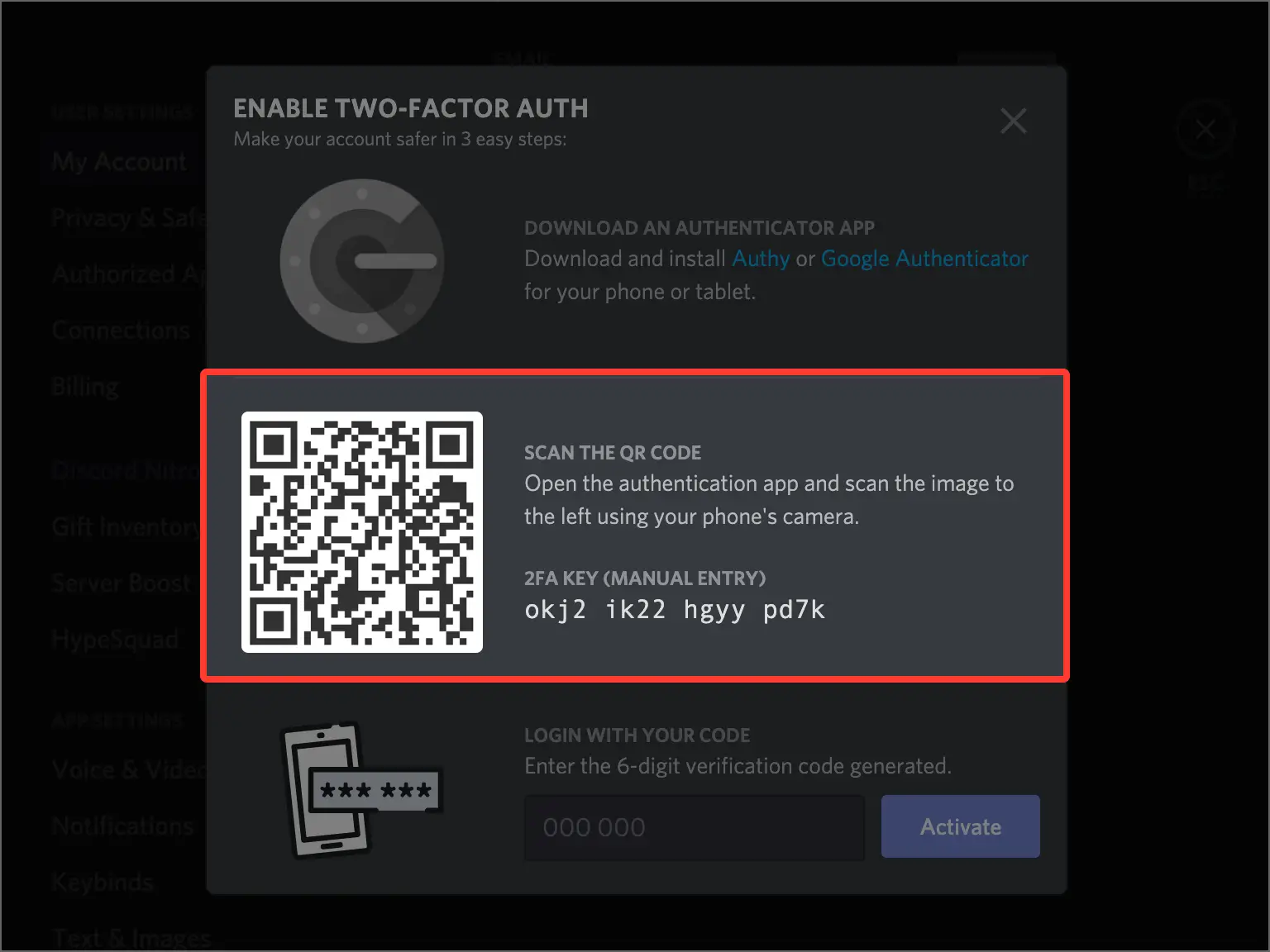 Discord Two-Factor Authentication (2FA) setup screen displaying a QR code for scanning with an authenticator app. A red box highlights the QR code and a manual 2FA key option for users to enter if scanning the code is not possible.