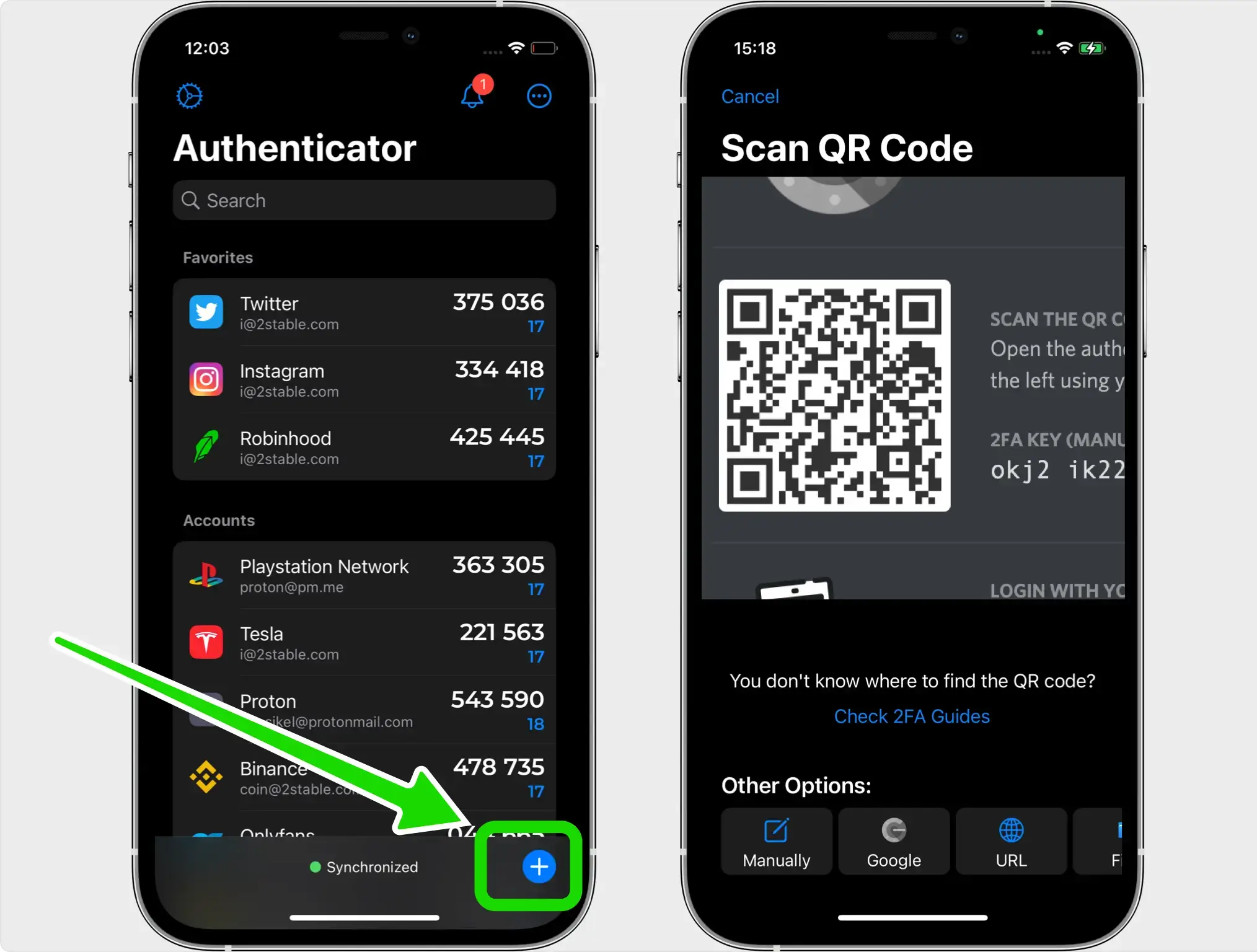 Two-step process for adding a Discord account to an authenticator app. The left screen shows the authenticator app’s home screen with a green arrow pointing to the ‘+’ button to add a new account. The right screen shows the ‘Scan QR Code’ interface, with a Discord 2FA QR code ready to be scanned to complete the setup.