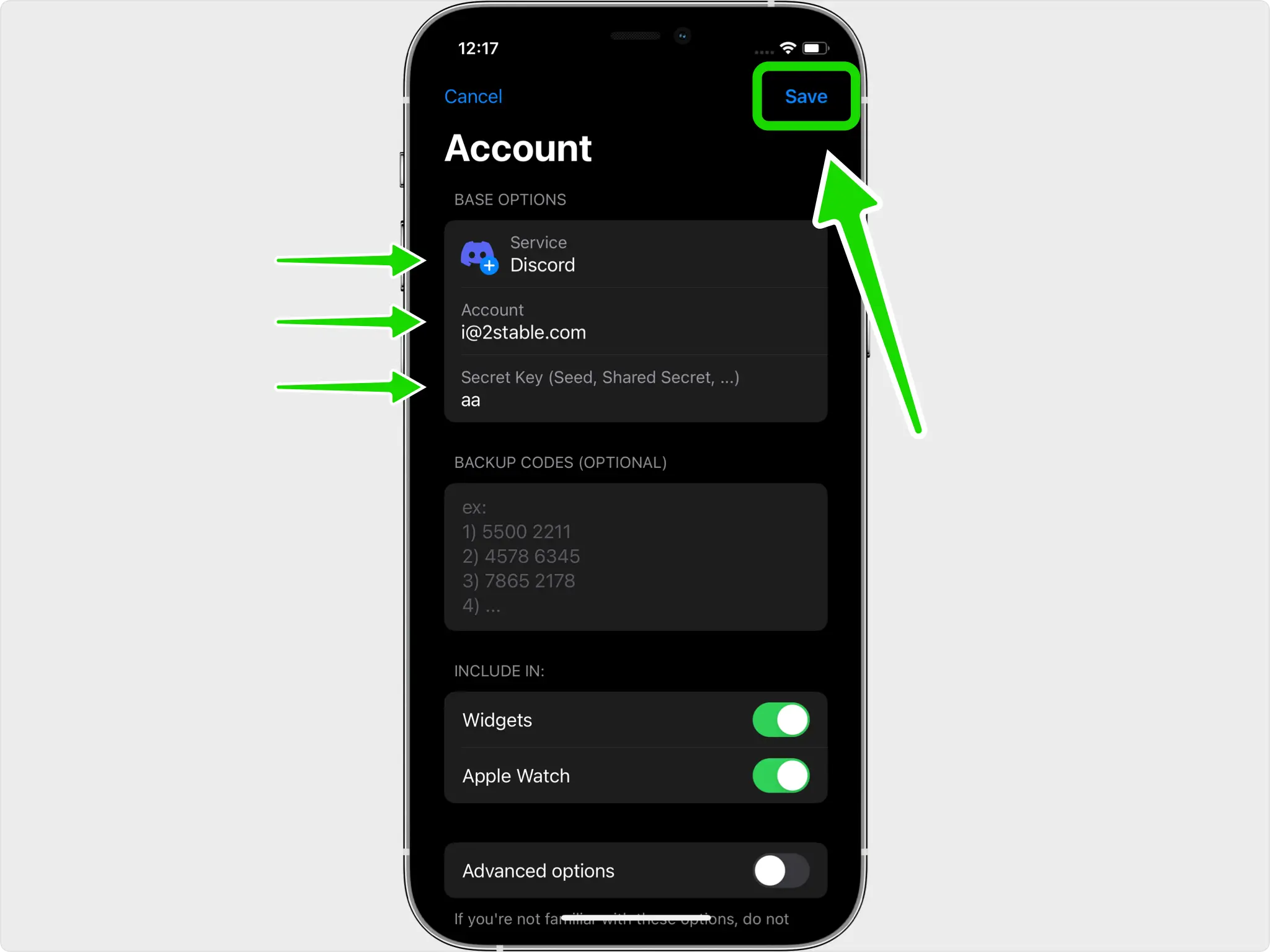 Authenticator app screen showing the ‘Edit Account’ page for Discord. Green arrows point to the service name (Discord), account email, and secret key fields. A green arrow highlights the ‘Save’ button in the top-right corner to confirm the addition of the Discord account for Two-Factor Authentication (2FA).