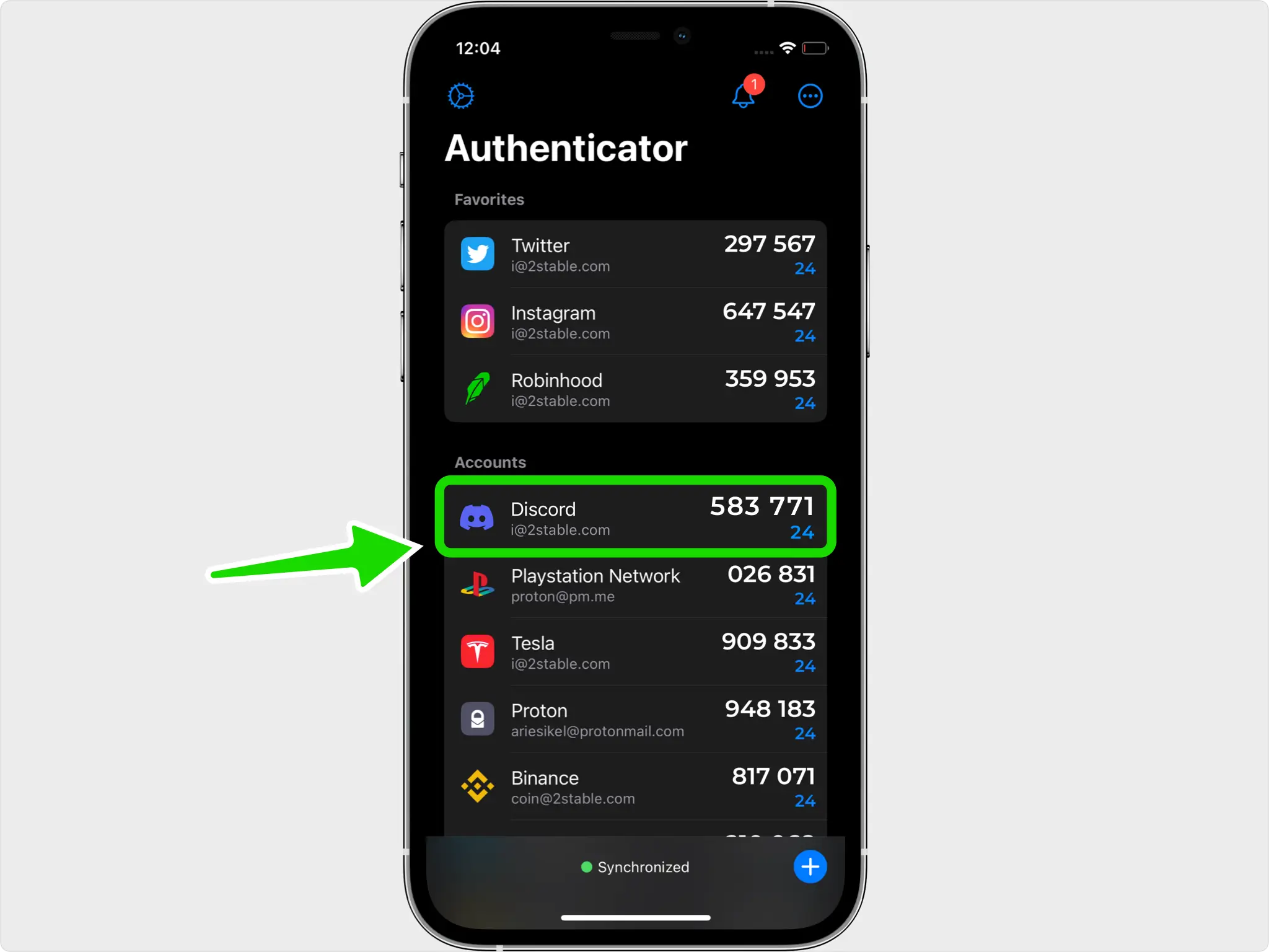 Authenticator app screen displaying the Discord account, highlighted with a green box and arrow. A 6-digit Two-Factor Authentication (2FA) code is shown next to the Discord account, ready to be used for securing the account.