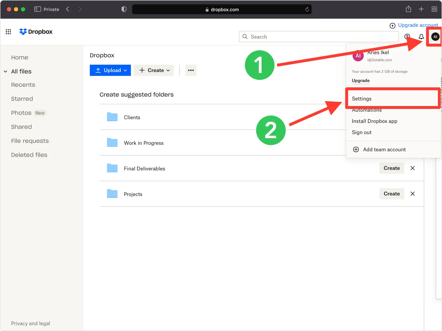 Step-by-step guide for accessing Two-Factor Authentication (2FA) settings in the Dropbox web interface. Step 1: A green arrow points to the user profile icon in the top-right corner of the screen. Step 2: A red arrow highlights the ‘Settings’ option in the dropdown menu that appears when the profile icon is clicked