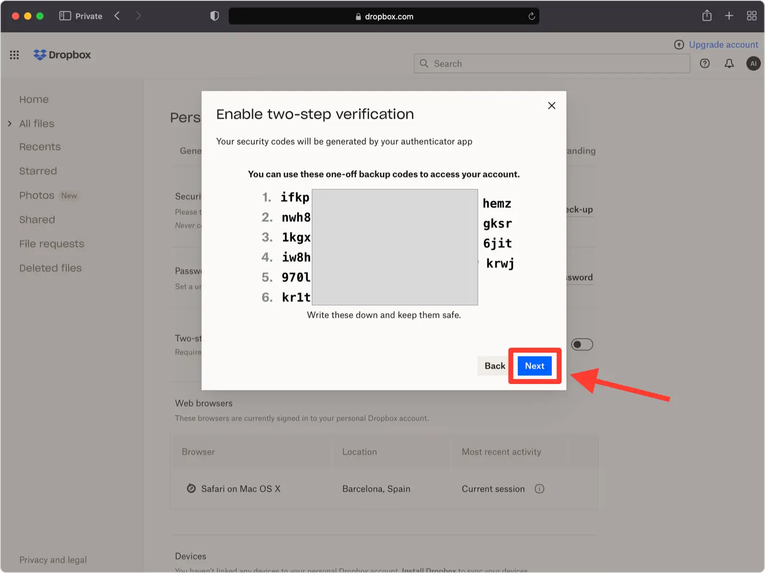 Dropbox two-step verification screen displaying a list of six one-off backup codes that can be used to access the account in case the authenticator app is unavailable. The codes are partially blurred. An arrow points to the ‘Next’ button at the bottom to proceed with the setup.