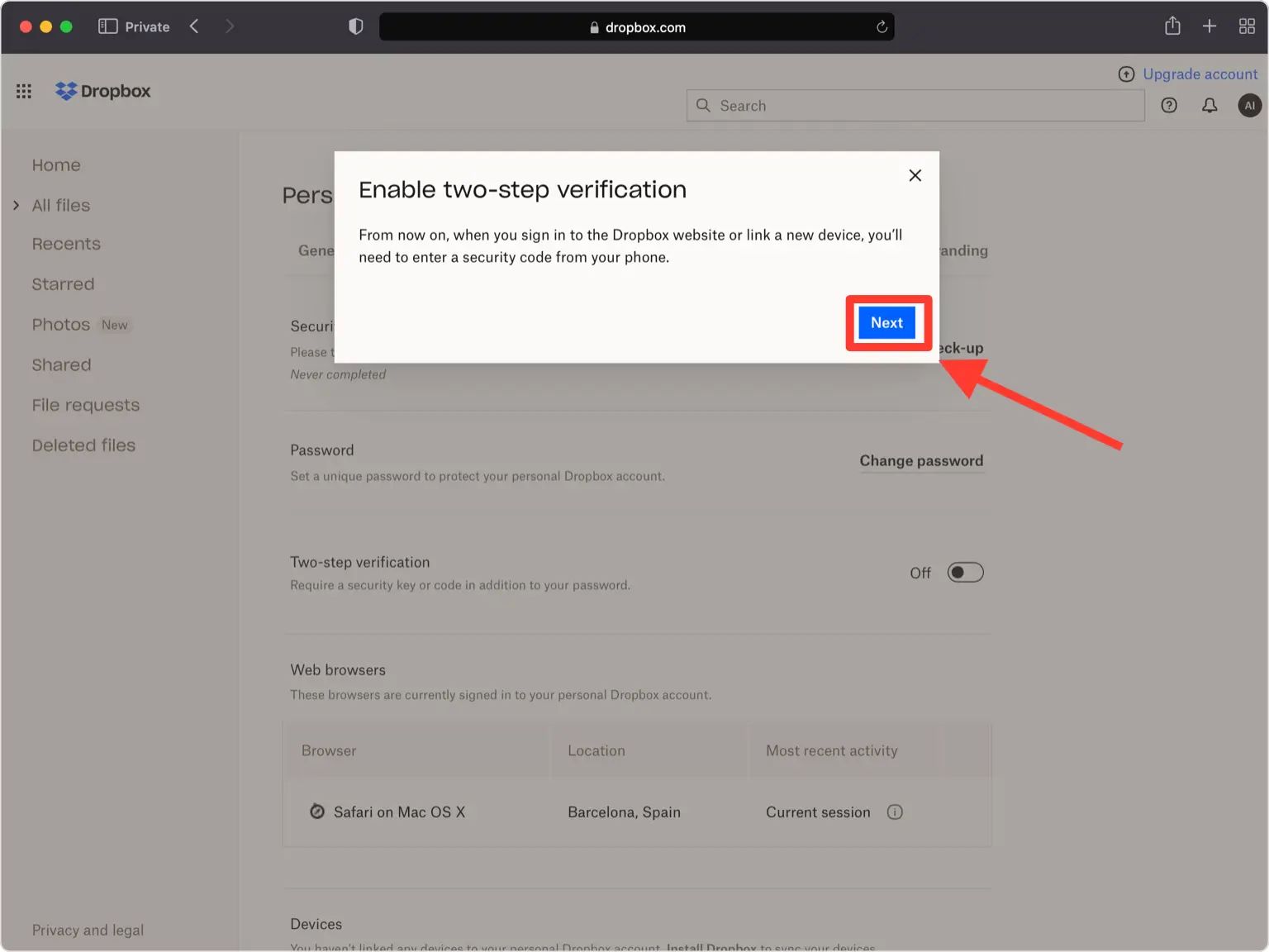 Dropbox two-step verification completion screen informing the user that from now on, when signing in to Dropbox or linking a new device, a security code will be required. An arrow points to the ‘Next’ button at the bottom to finalize the setup.