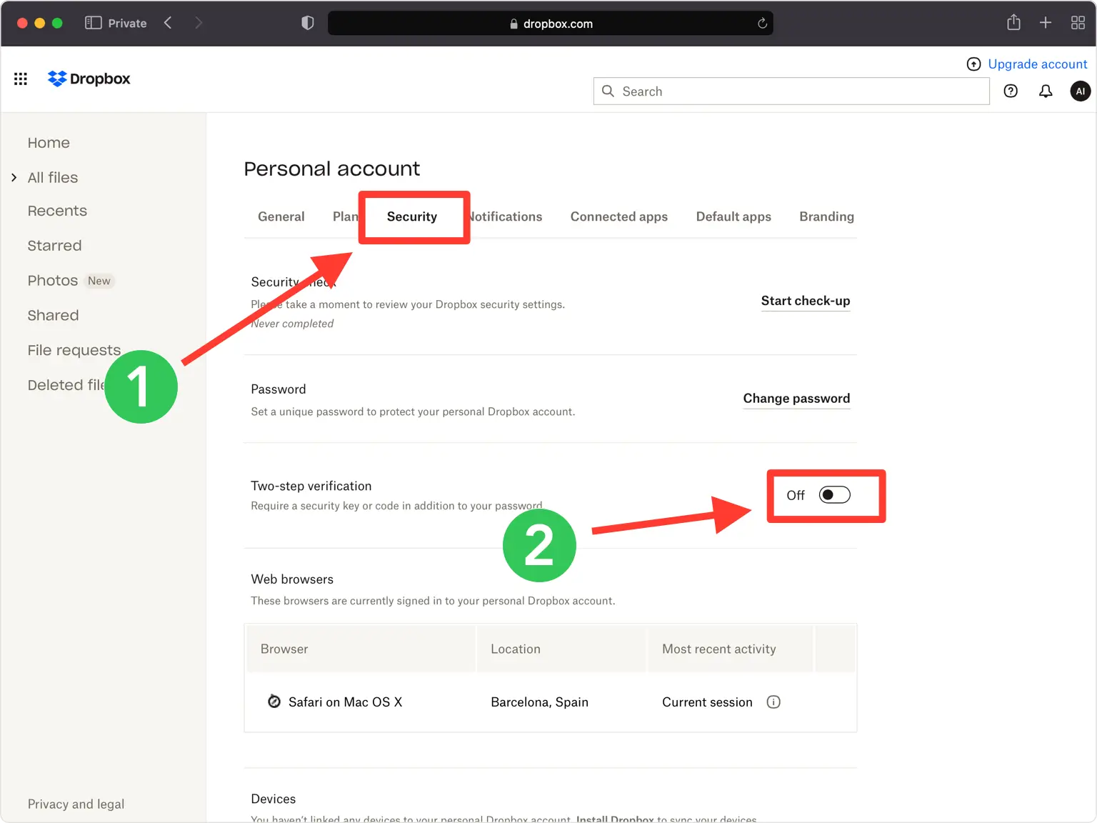 Step-by-step guide for enabling Two-Factor Authentication (2FA) in Dropbox. The left side highlights the ‘Security’ tab in the settings menu, marked with a red arrow. The right side shows the ‘Two-step verification’ section, with a green circle indicating the option is currently ‘Off,’ and a red arrow pointing to the toggle switch to enable 2FA.