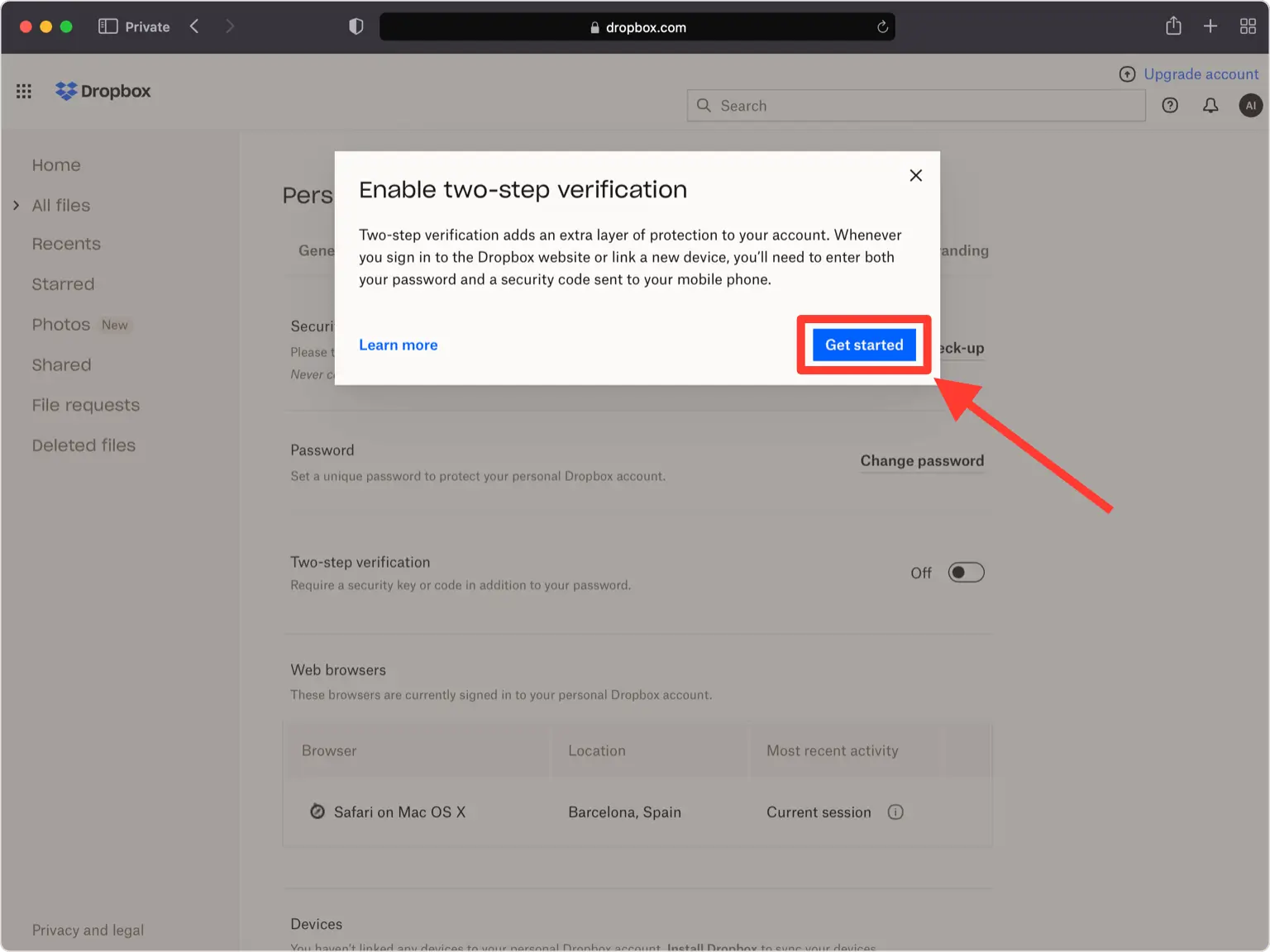 A pop-up window in Dropbox prompting users to enable Two-Step Verification (2FA). The message explains that 2FA adds an extra layer of protection to the account and requires entering both the password and a security code sent to the user’s mobile phone. A red arrow points to the blue ‘Get started’ button, indicating the next step in the setup process.