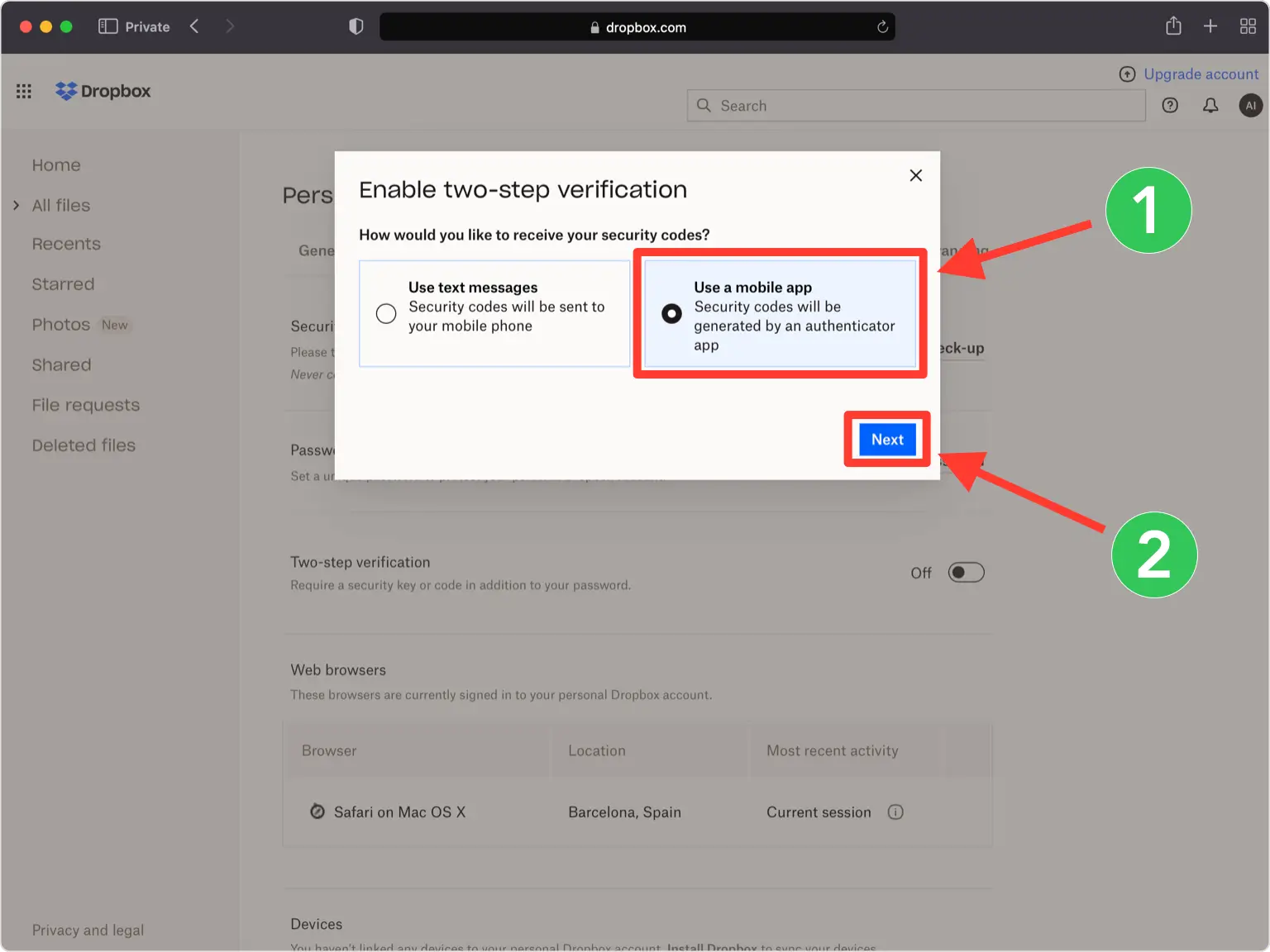 A pop-up window in Dropbox asking users how they would like to receive their security codes for Two-Step Verification (2FA). Two options are presented: ‘Use text messages’ and ‘Use a mobile app,’ with the mobile app option selected. An arrow points to the blue ‘Next’ button, indicating the next step to proceed with enabling 2FA.