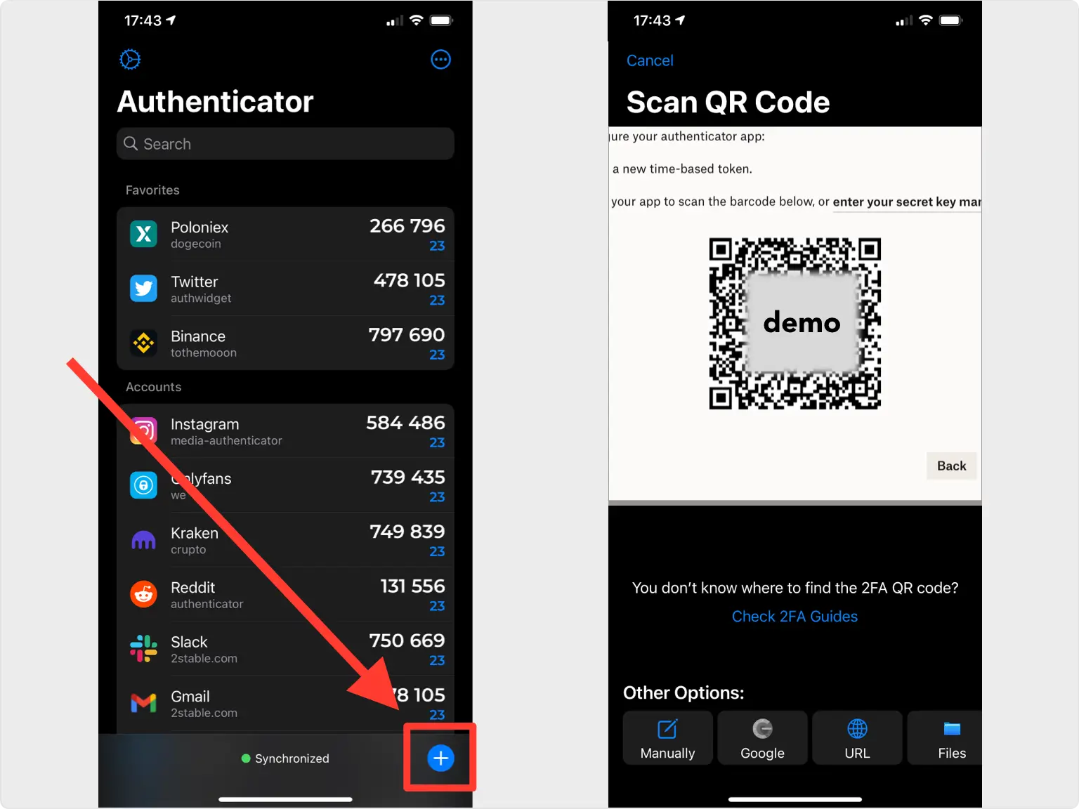 Two mobile screens: the left screen shows an Authenticator app with a list of accounts including Twitter, Binance, and Instagram. An arrow points to the plus (+) button at the bottom right for adding a new account. The right screen displays the ‘Scan QR Code’ page with a QR code labeled ‘demo’ and options for manual entry or scanning the code.