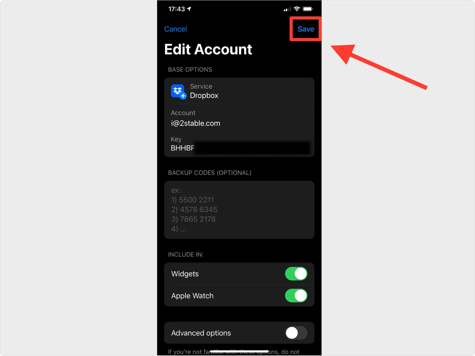 Mobile screen displaying the ‘Edit Account’ page of an Authenticator app. The service is set to Dropbox, with fields for the account and a hidden key. Options for backup codes, widgets, and Apple Watch integration are shown. An arrow points to the ‘Save’ button at the top right of the screen.