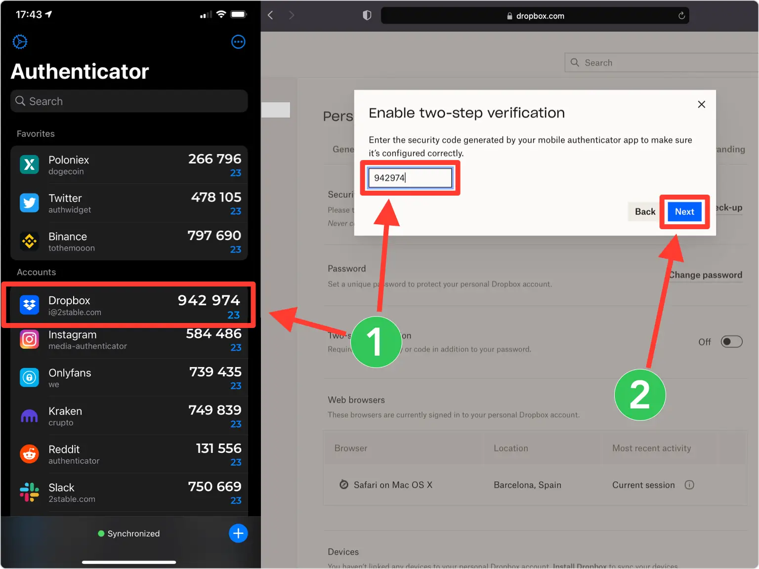 Two images shown side by side: on the left, the Authenticator app screen displays a generated six-digit code (942 974) for the Dropbox account. On the right, the Dropbox two-step verification setup screen asks for the security code. An arrow points to the code input field, and another arrow points to the ‘Next’ button for continuing the setup.