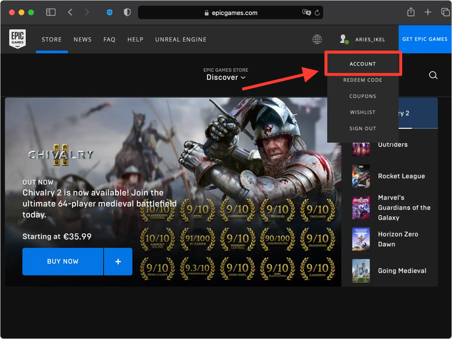 Epic Games account page with the user’s profile dropdown open, showing the ‘Account’ option highlighted to access account settings.