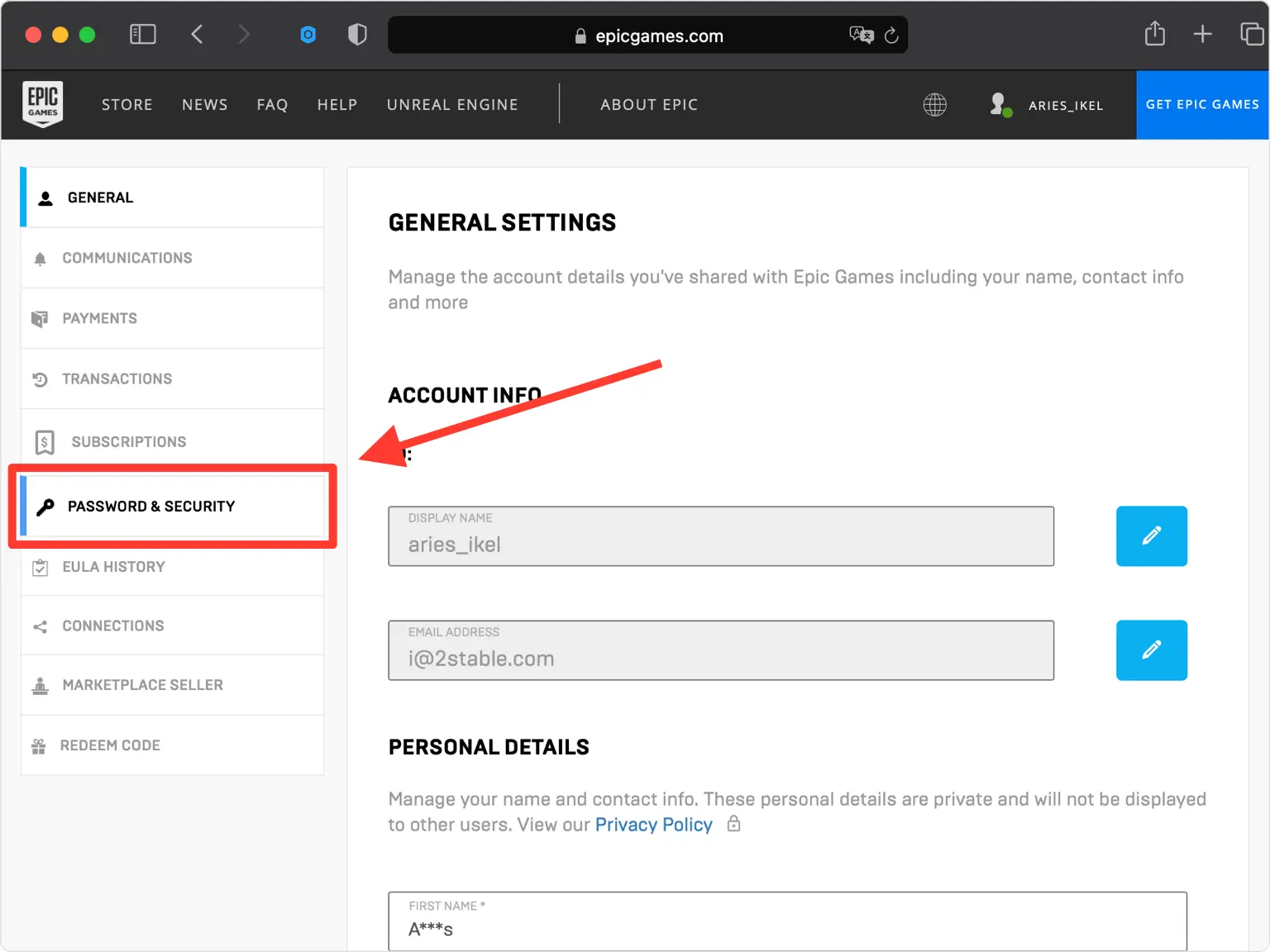 Epic Games account settings page showing the ‘Password & Security’ option highlighted in the left-hand menu for managing security settings.