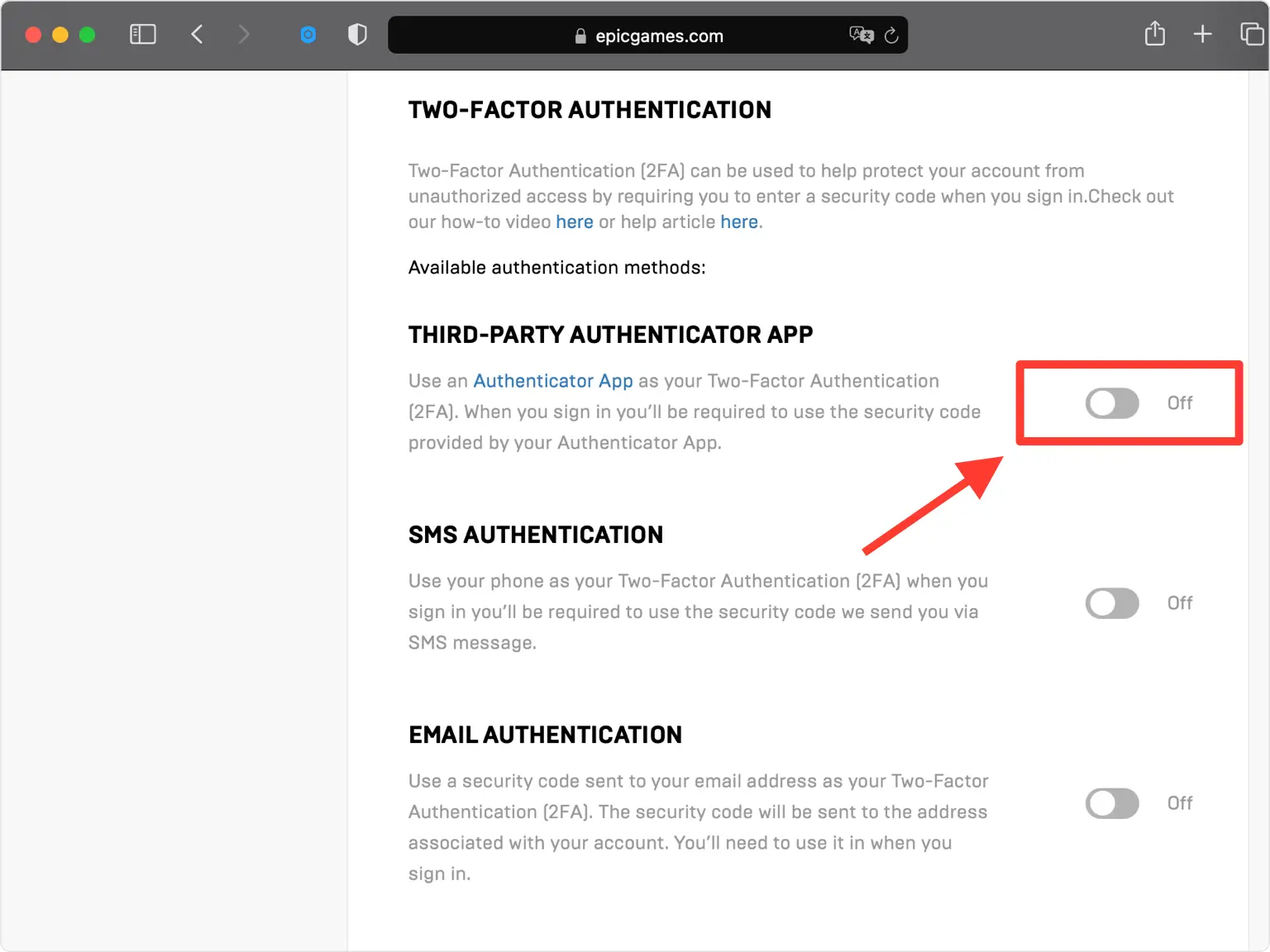 Epic Games Two-Factor Authentication settings page with the toggle option to enable third-party authenticator app highlighted, currently set to ‘Off’.