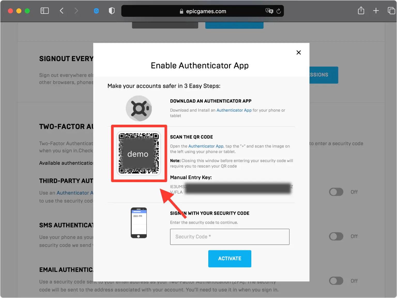 Epic Games Enable Authenticator App screen showing the QR code and manual entry key for two-factor authentication setup