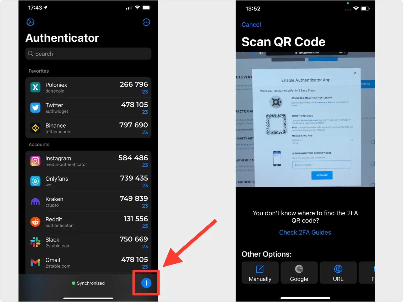 Authenticator app screen showing multiple accounts and the process of scanning the QR code for Epic Games two-factor authentication setup.