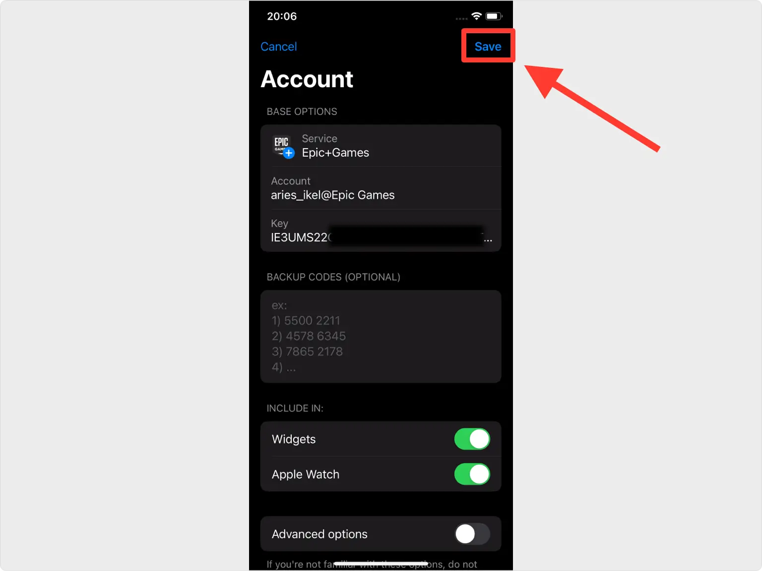 Saving Epic Games account setup in the authenticator app after entering details and enabling two-factor authentication.