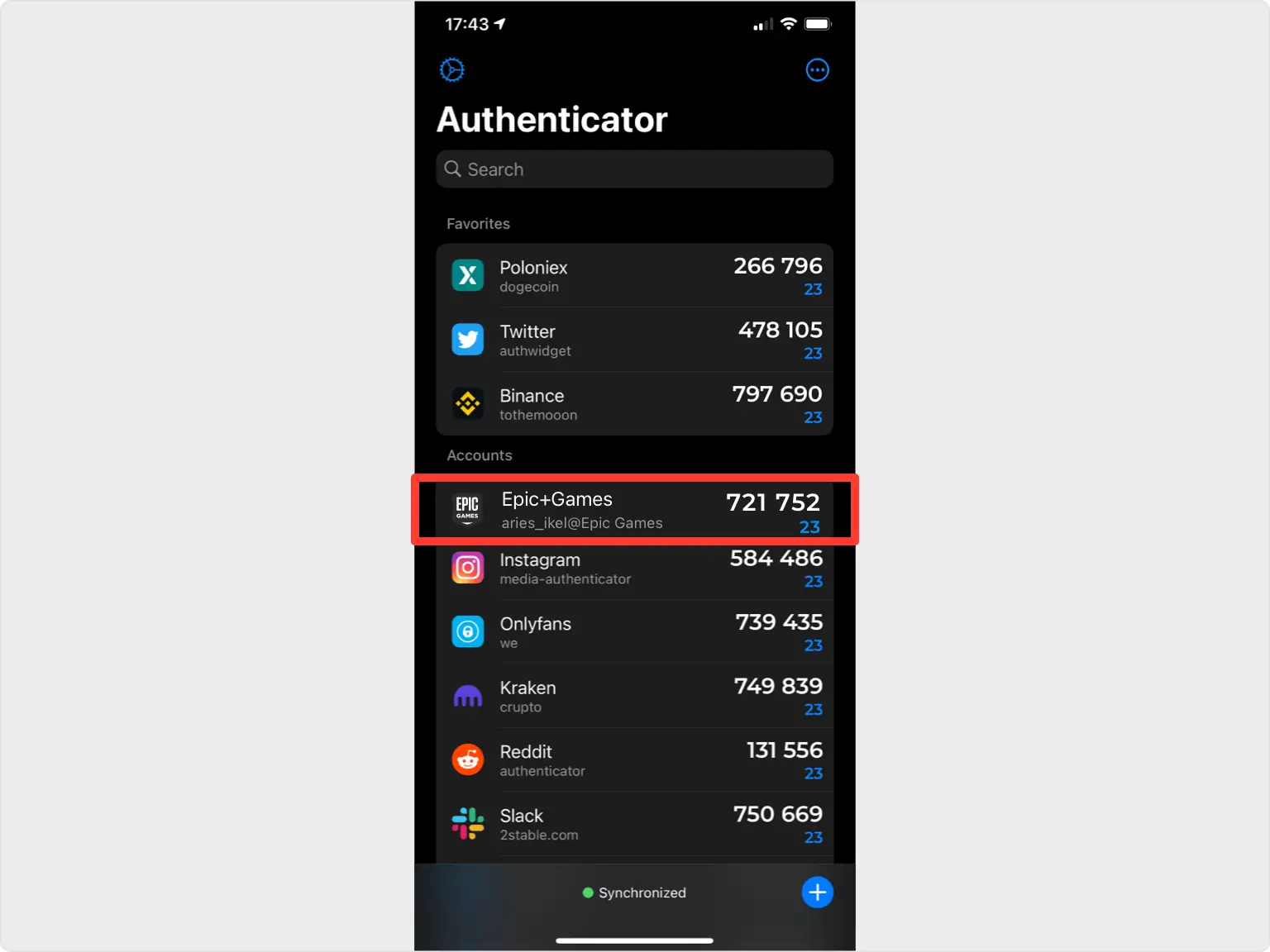 Epic Games account two-factor authentication code displayed in the authenticator app.