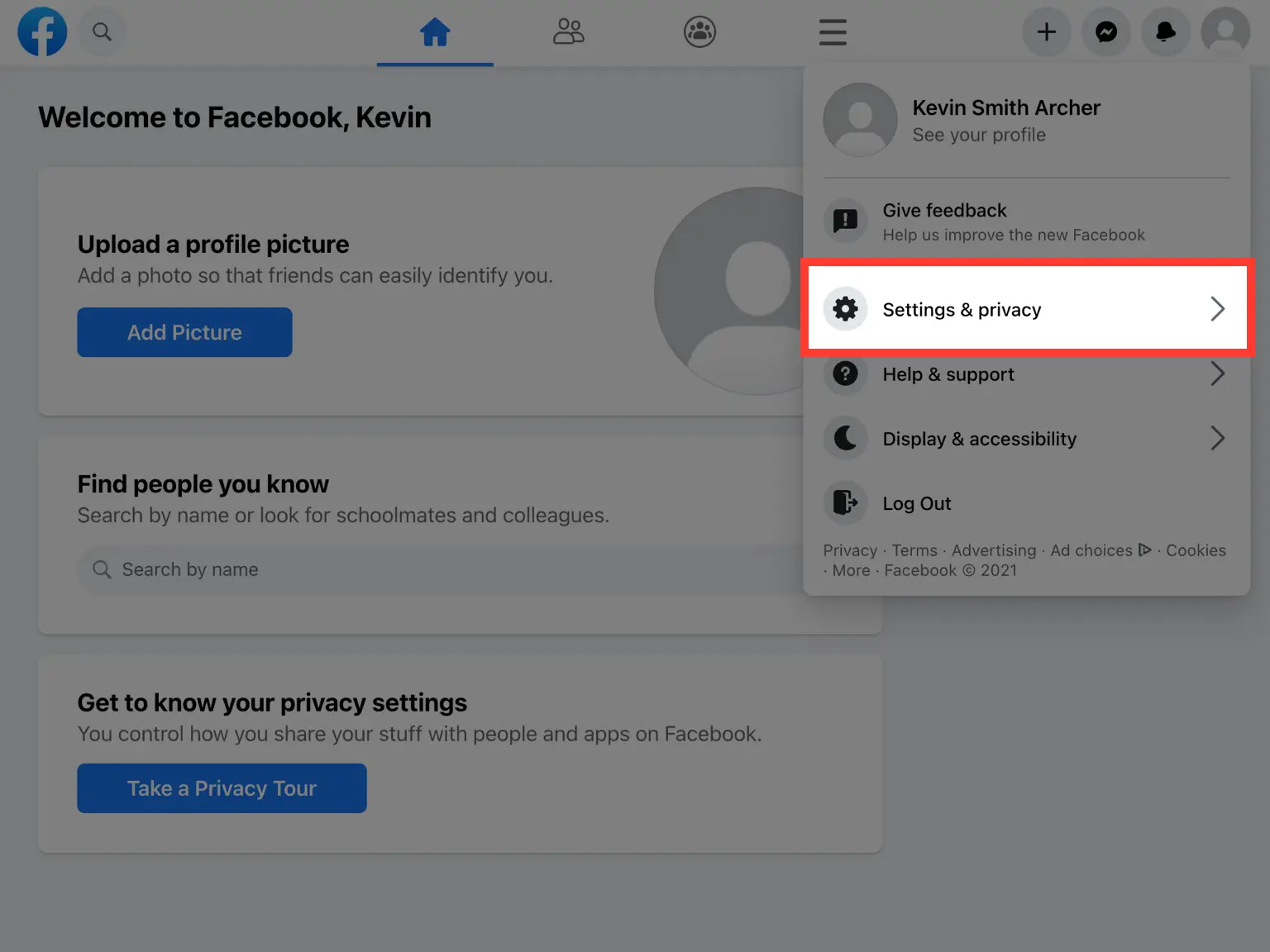 User accessing Facebook settings and privacy menu to enable two-factor authentication (2FA) security settings.