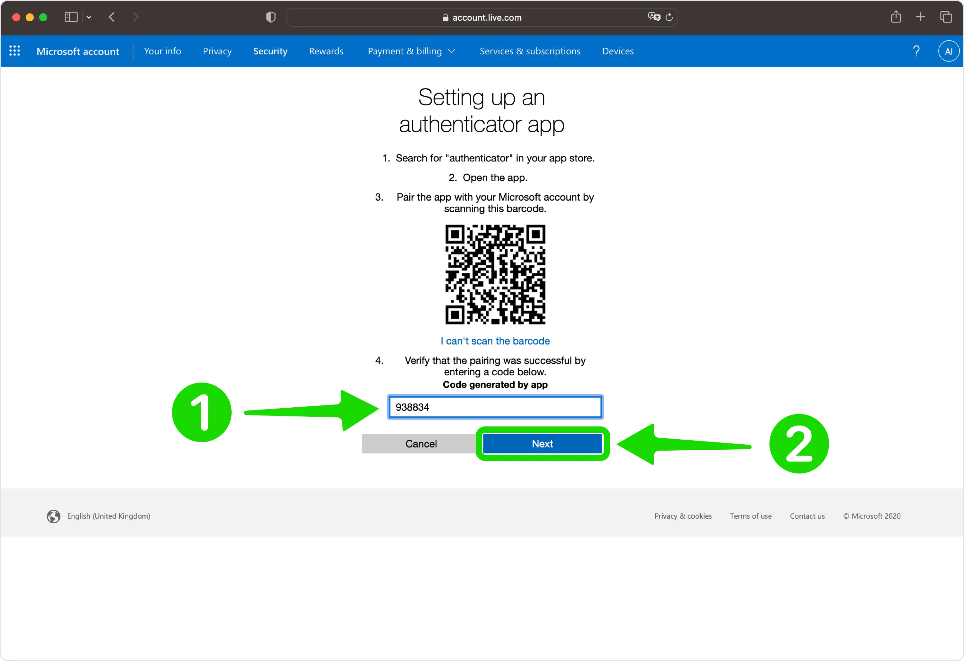 Entering six-digit verification code generated by authenticator app to confirm setup on Microsoft account security page.