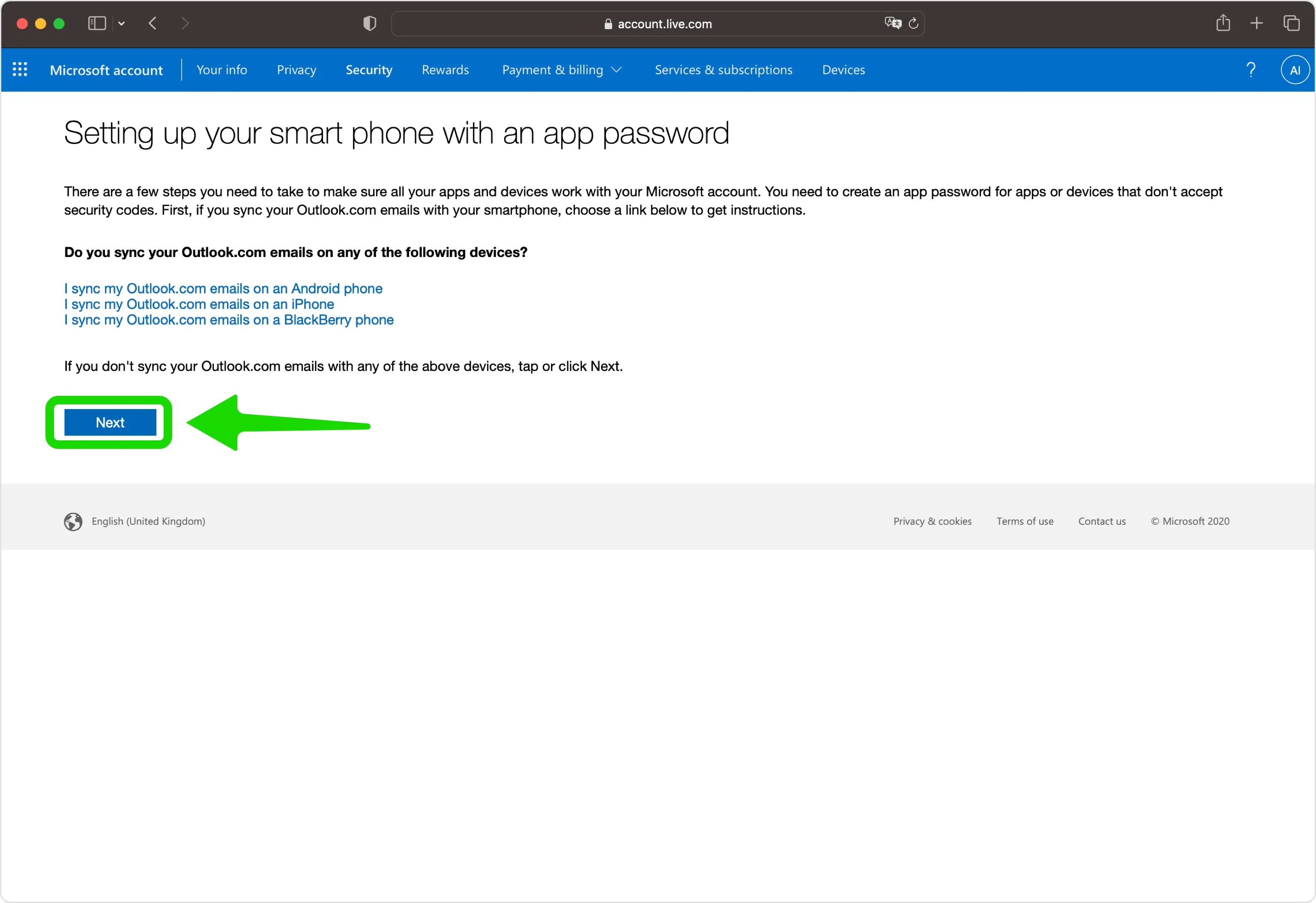 Setting up smartphone with app password on Microsoft account, clicking Next to proceed.