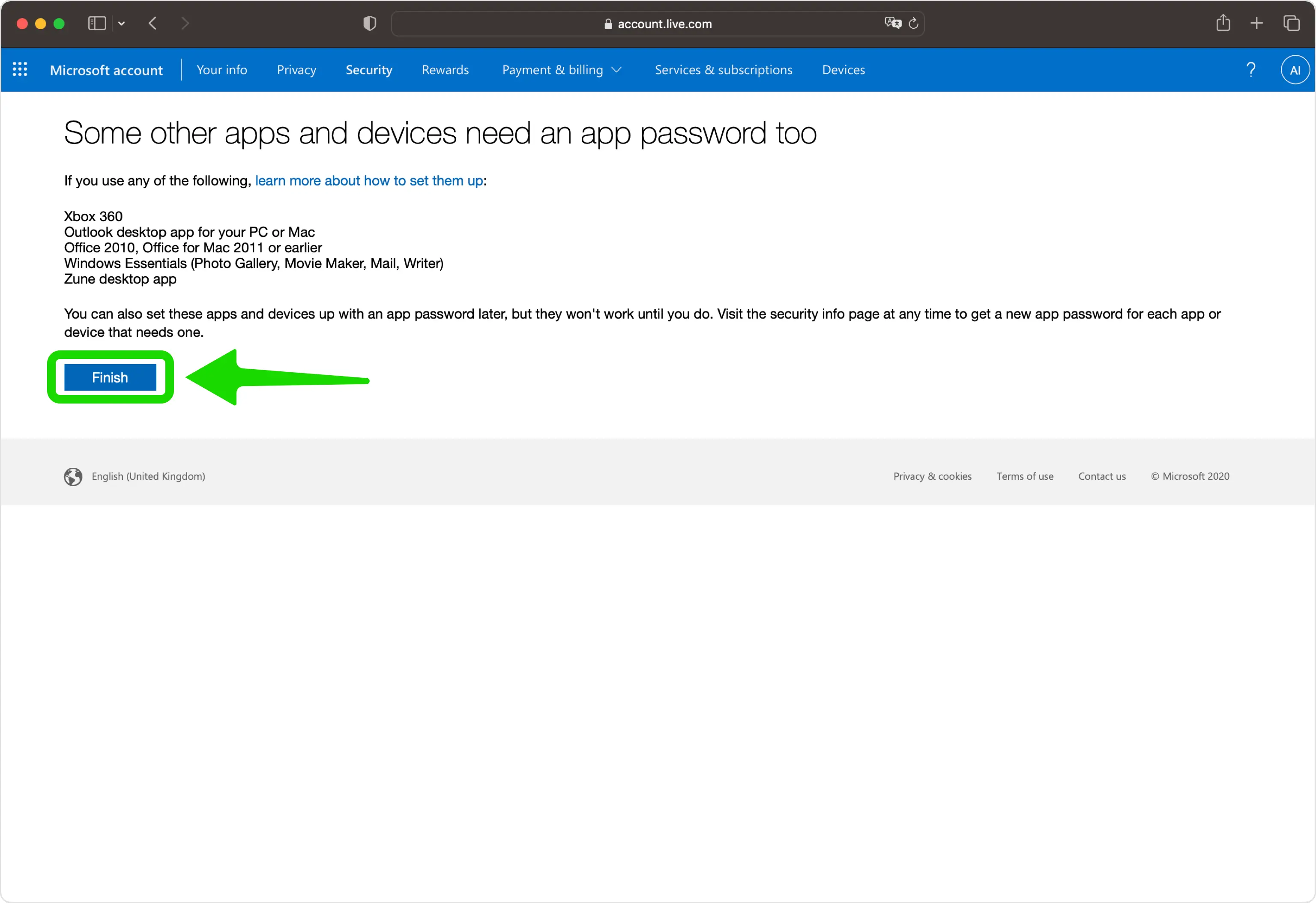 Finalizing app password setup on Microsoft account by clicking Finish.