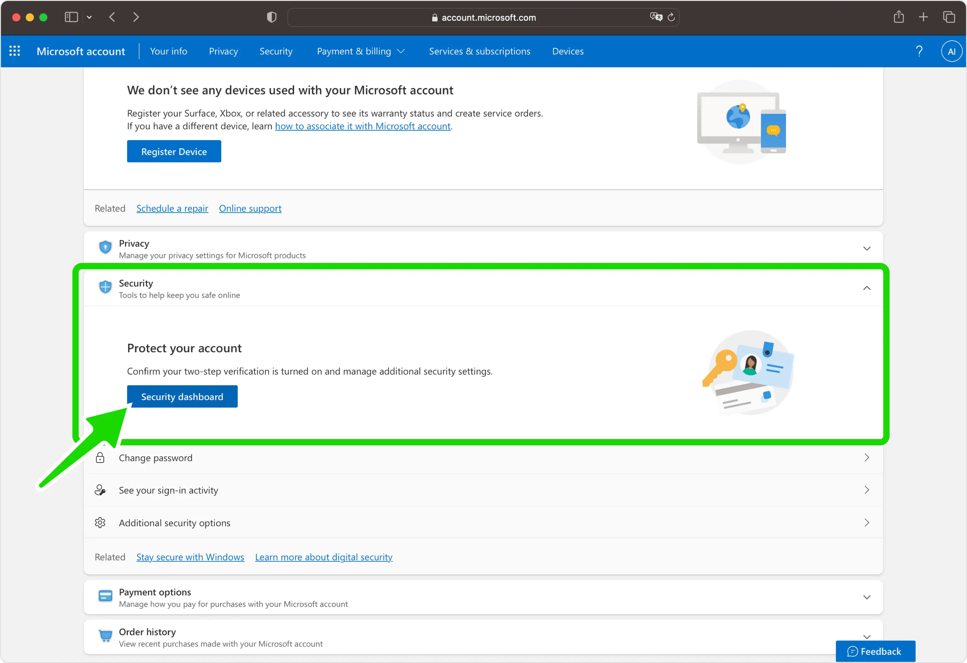 Microsoft security dashboard to manage two-step verification and additional security settings.