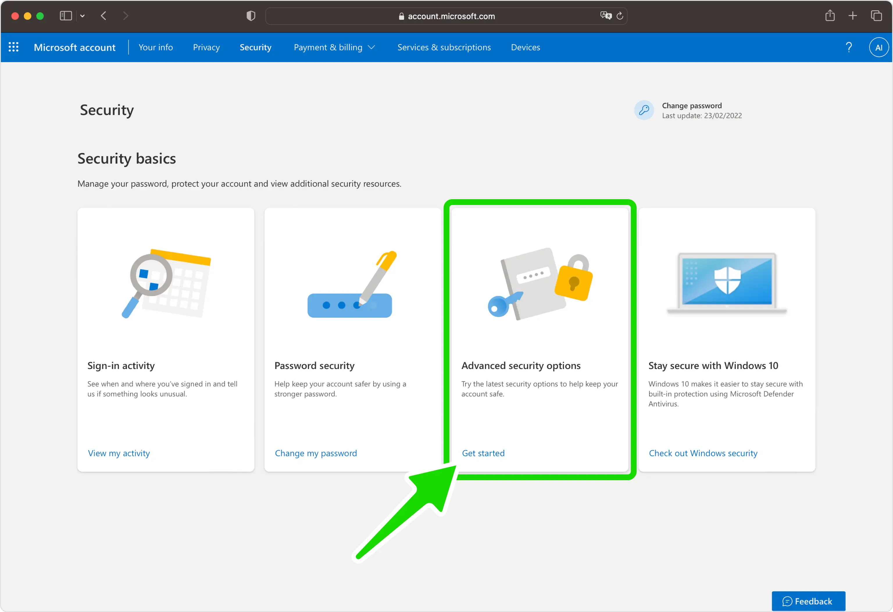 Microsoft advanced security options page for enhanced account protection, including two-step verification settings.