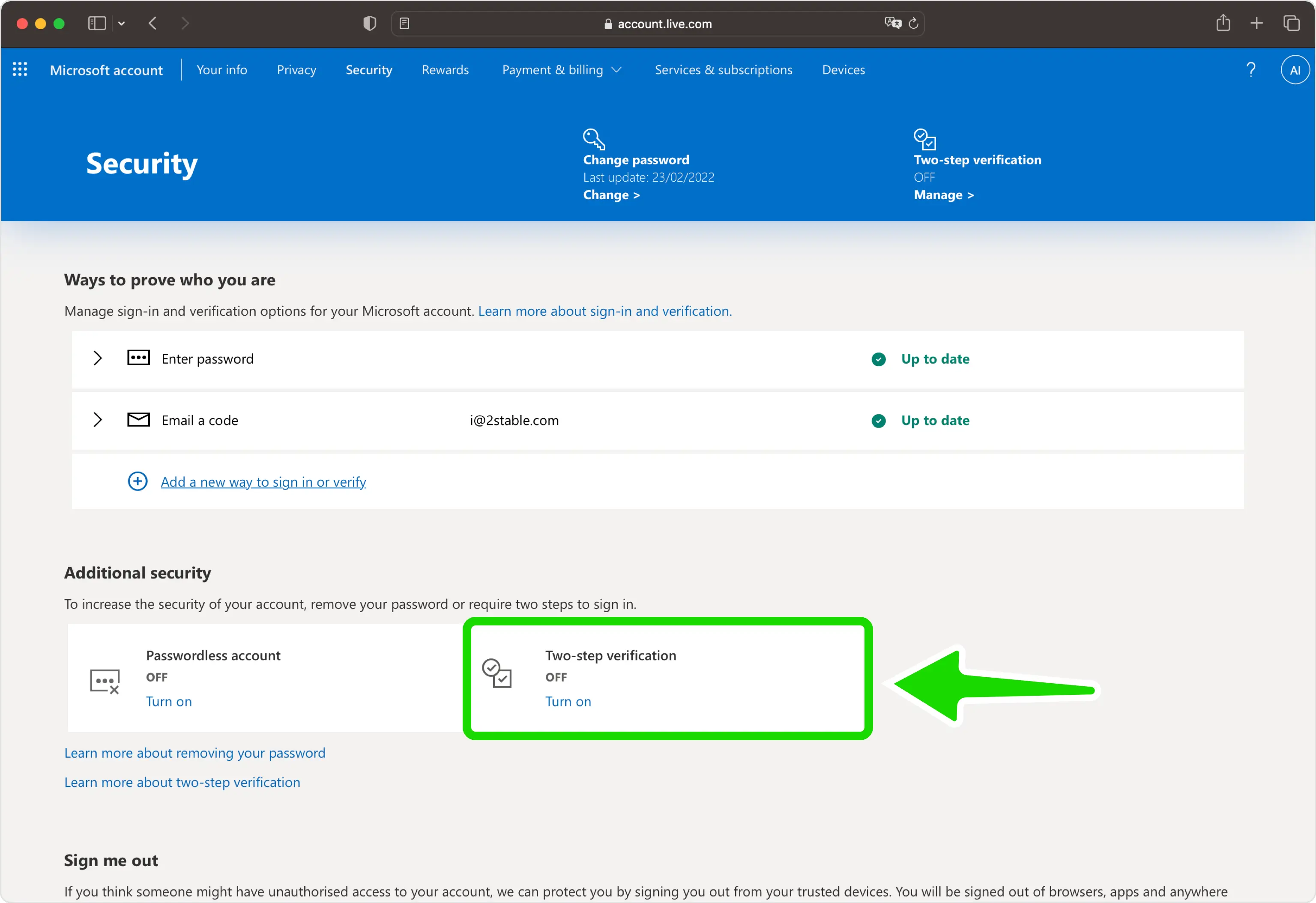 Microsoft security settings page with option to turn on two-step verification for enhanced account security.