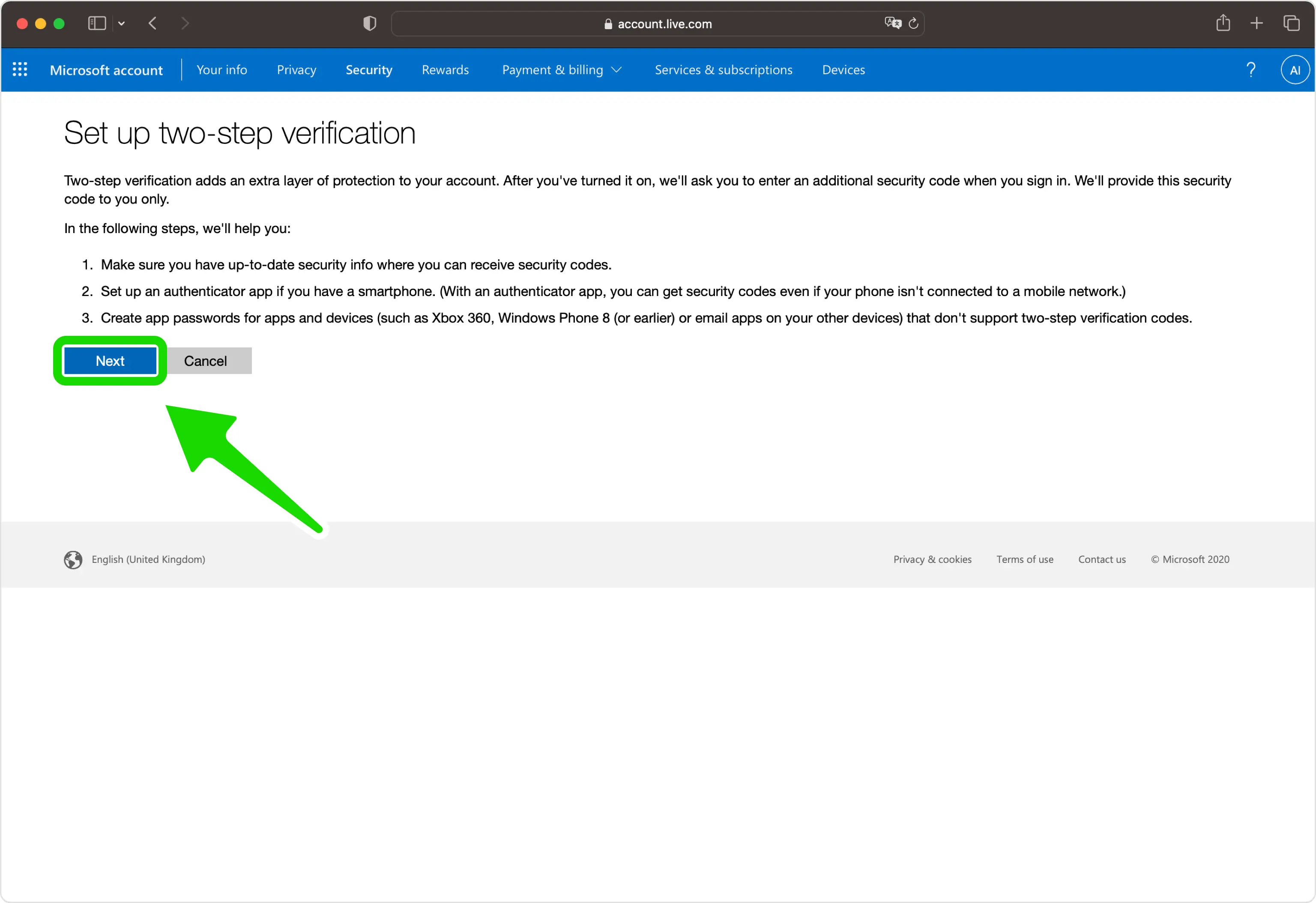 Microsoft two-step verification setup page with option to proceed to the next step by clicking the 'Next' button.