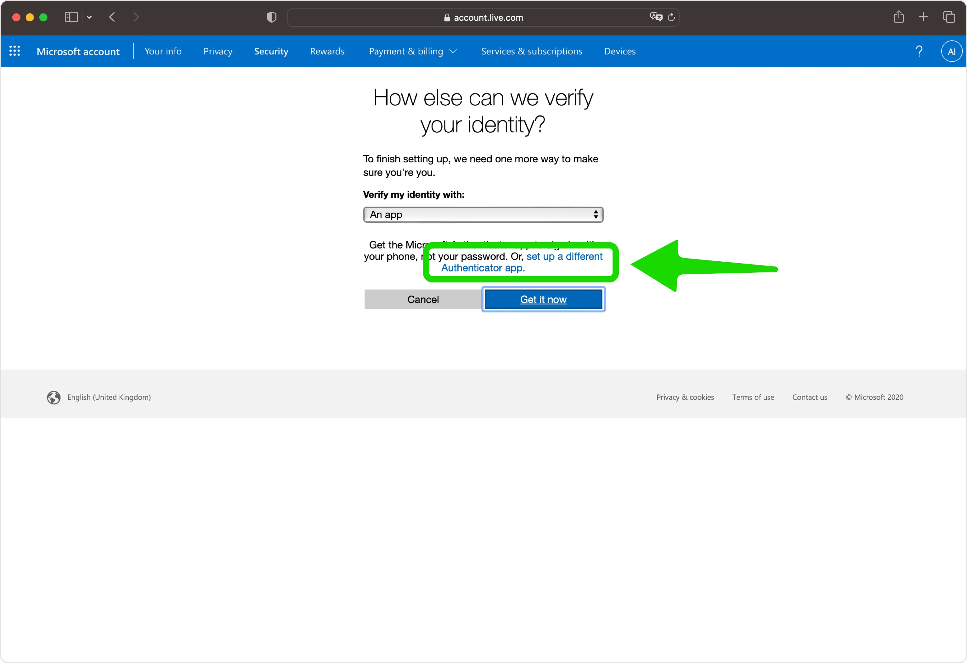 Microsoft verification setup screen with option to set up a different authenticator app for identity verification.