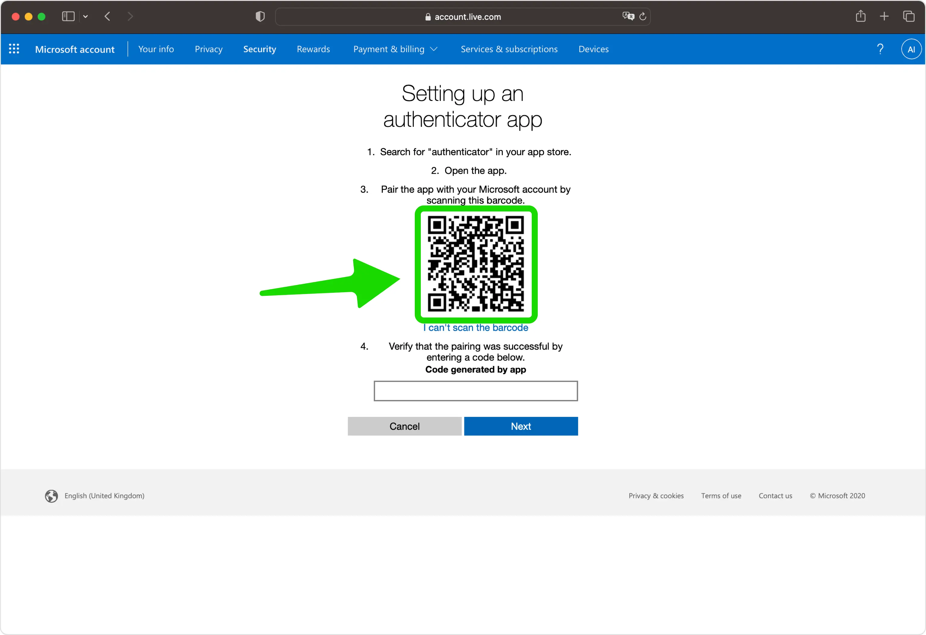 Microsoft two-step verification setup screen with QR code for pairing authenticator app and verification code input field.