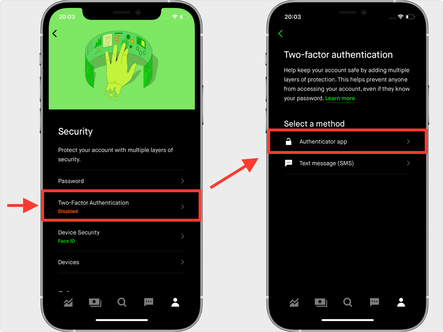 Step-by-step guide for enabling Two-Factor Authentication (2FA) in the Robinhood app. The left screen shows the ‘Security’ page, with a red box highlighting the ‘Two-Factor Authentication’ option marked as ‘Disabled.’ The right screen shows the ‘Select a method’ page, with a red box around the ‘Authenticator app’ option for setting up 2FA using an authenticator app.