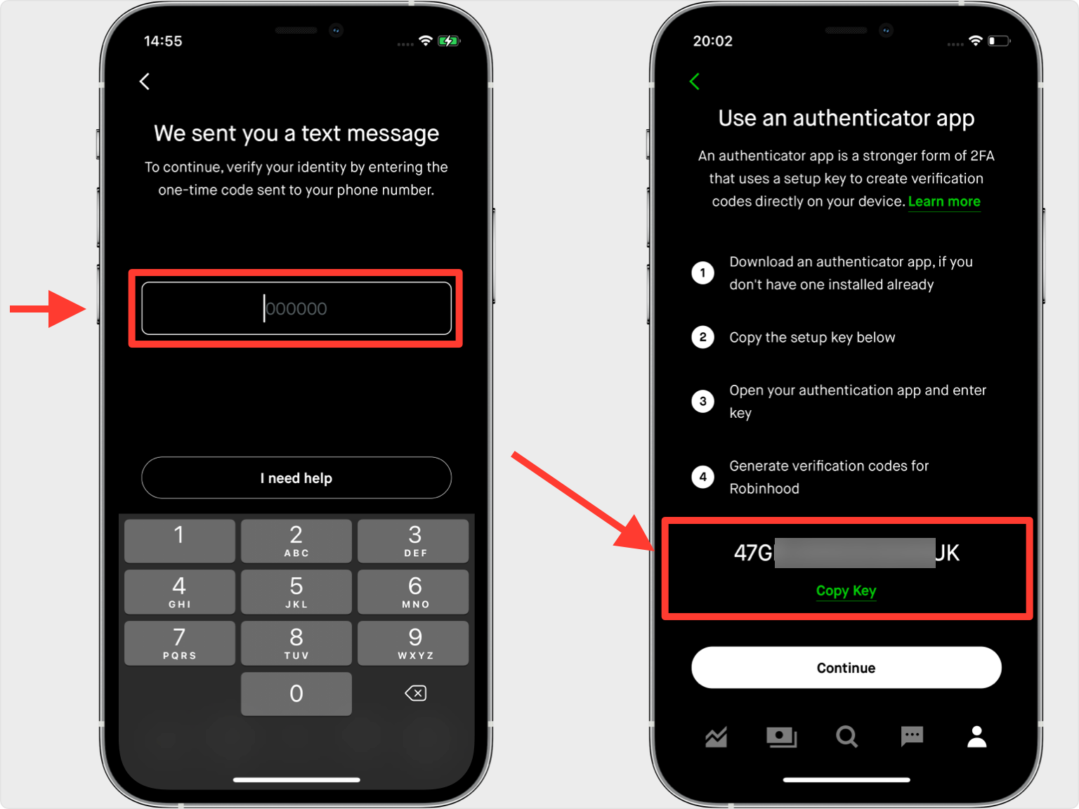 Step-by-step guide for verifying identity and setting up Two-Factor Authentication (2FA) in the Robinhood app. The left screen shows a text message verification page, with a red box highlighting the field to enter the one-time code sent to the user’s phone number. The right screen shows the ‘Use an authenticator app’ page, with a red box around the setup key that users can copy to their authenticator app for generating verification codes.