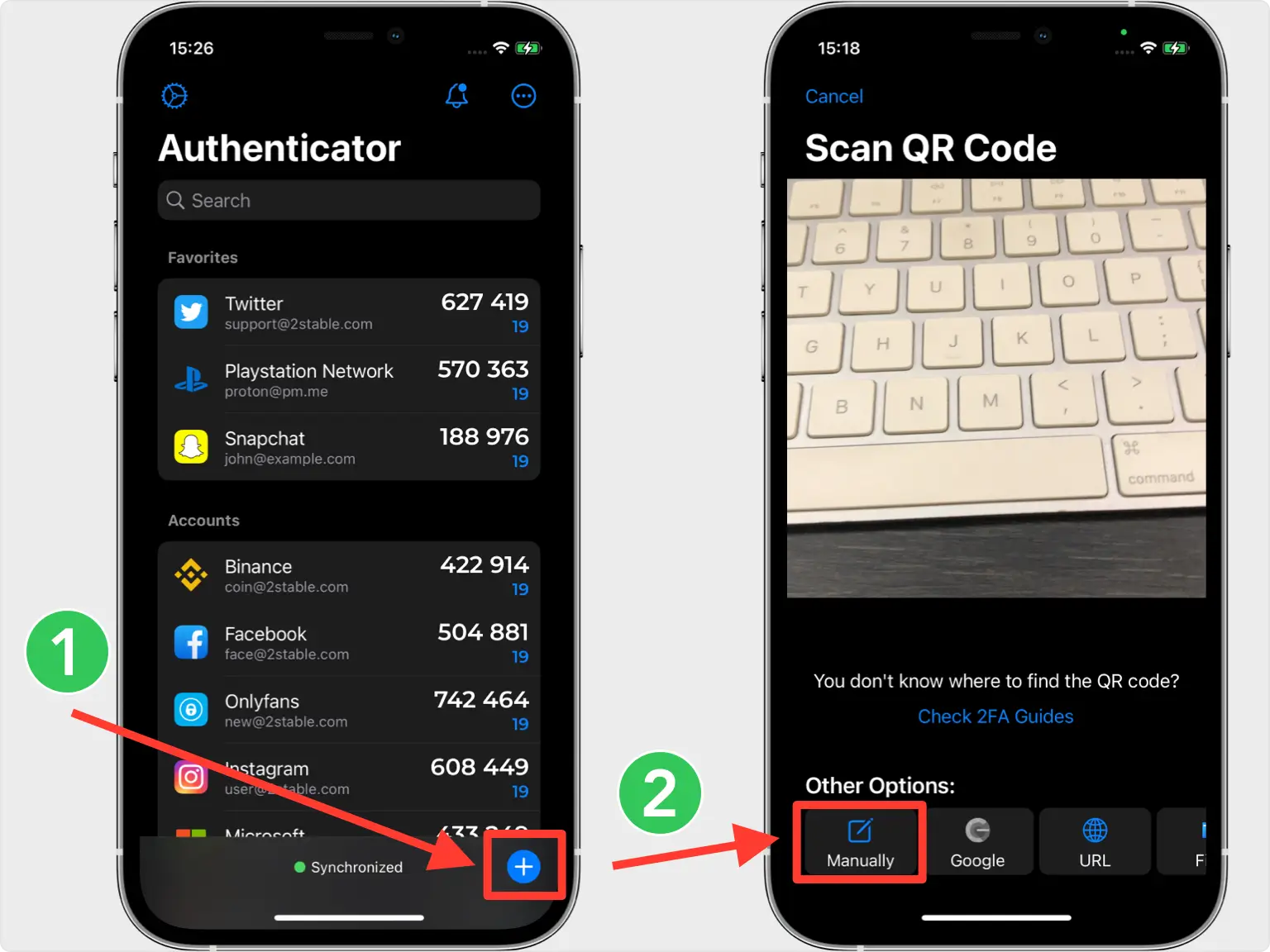 Two-step process for adding a new account in an authenticator app for Robinhood. The left screen shows the authenticator app’s home screen with a red arrow pointing to the ‘+’ button to add a new account. The right screen shows the ‘Scan QR Code’ page, with a red box around the ‘Manually’ option to input the setup key manually instead of scanning a QR code.